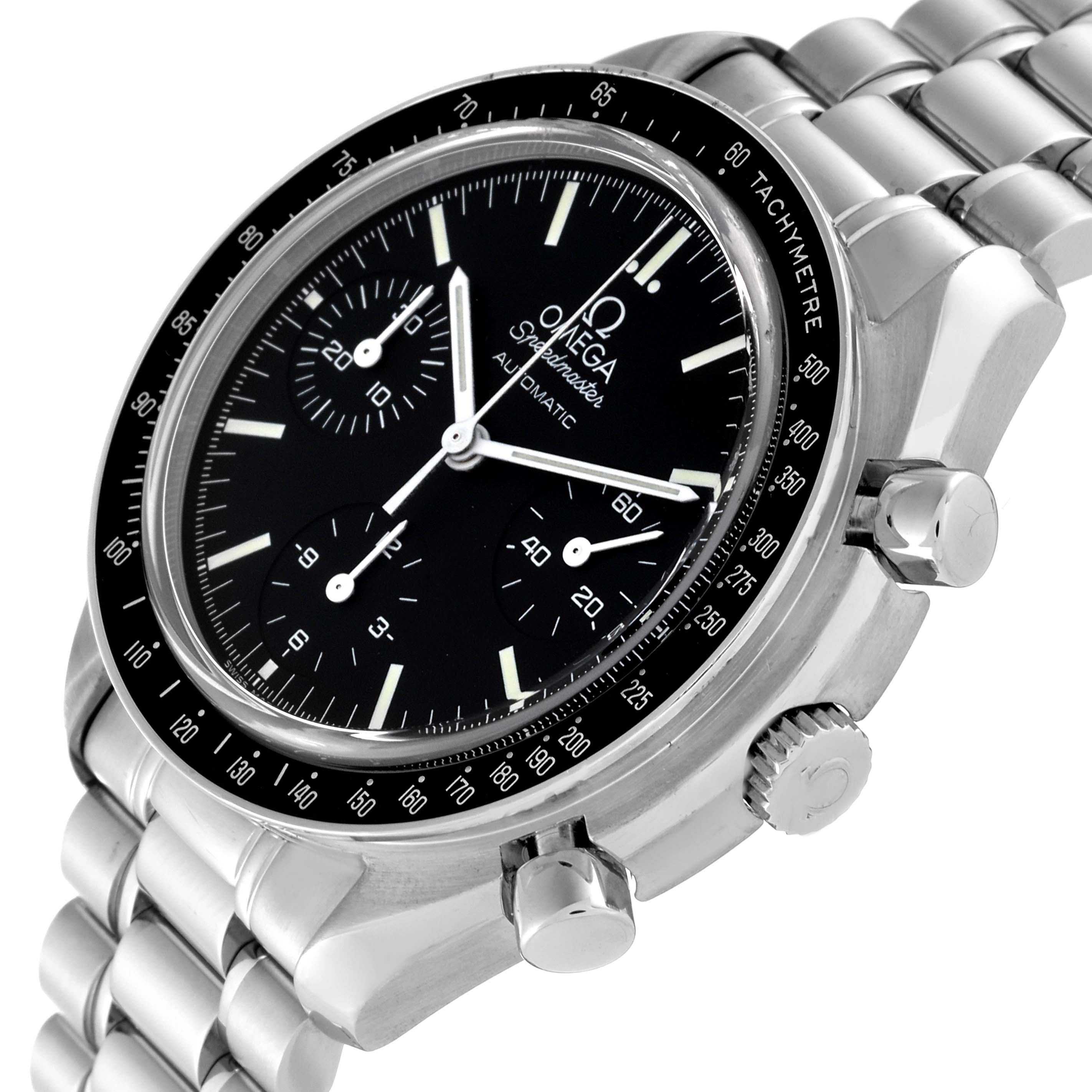 The Omega Speedmaster 3539.50.00 Men
s Stainless Steel Black Dial 3539.50.00 Men
s Stainless Steel Black Dial watch is shown from a front angle, highlighting its black dial, tachymeter bezel, and stainless steel bracelet.