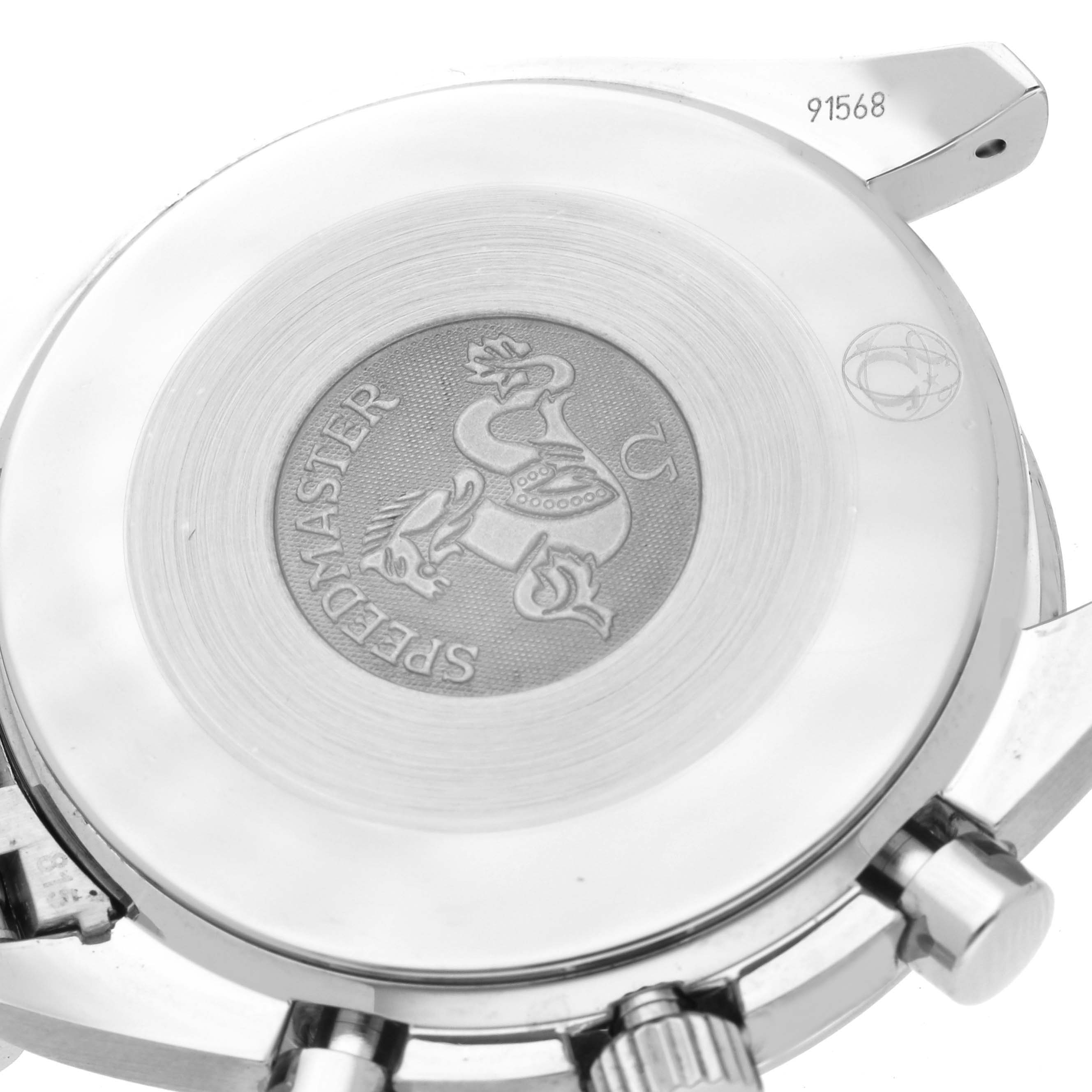 This image shows the case back and side buttons of an Omega Speedmaster 3539.50.00 Men
s Stainless Steel Black Dial 3539.50.00 Men
s Stainless Steel Black Dial watch, highlighting its engraved logo and serial number.