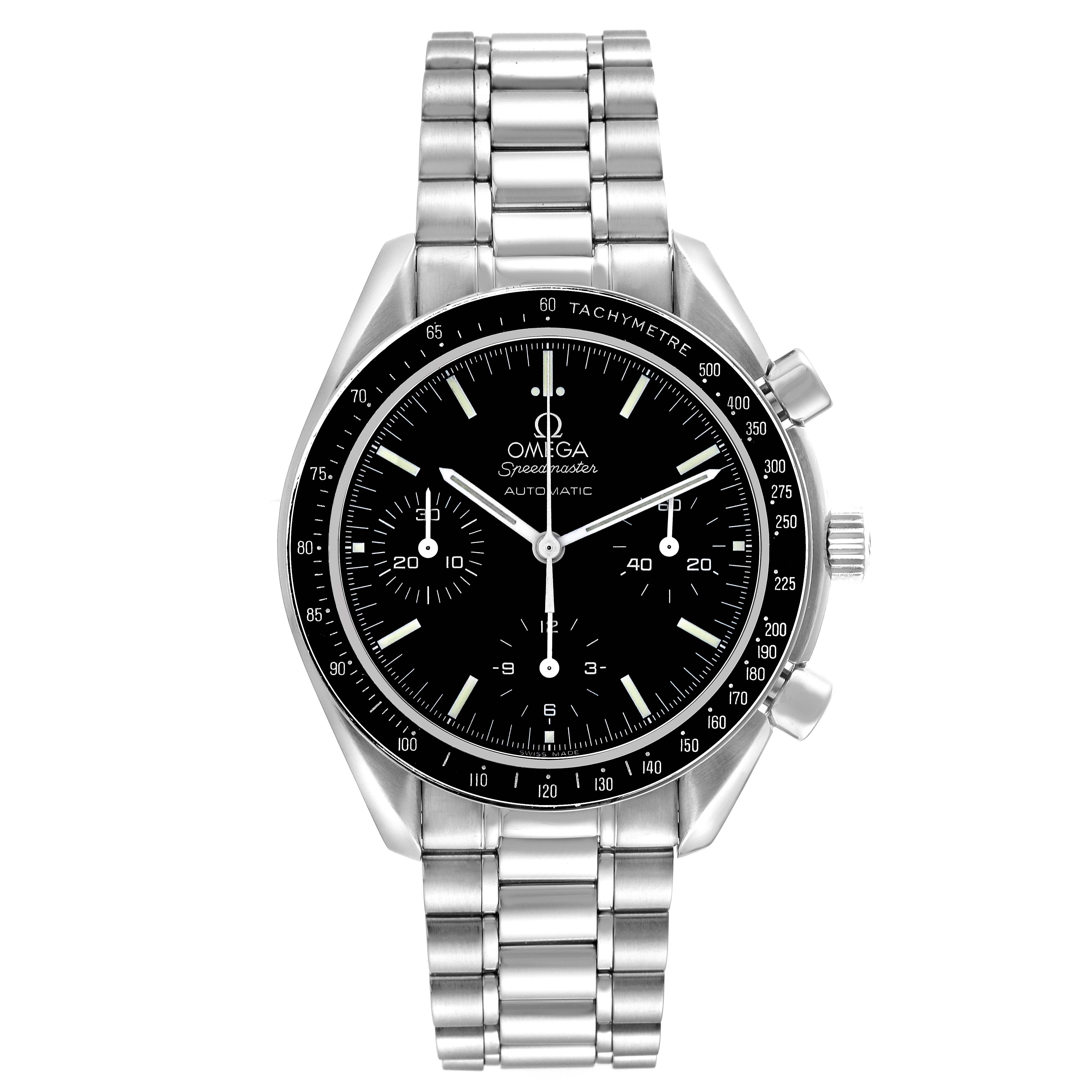 The Omega Speedmaster 3539.50.00 Men
s Stainless Steel Black Dial 3539.50.00 Men
s Stainless Steel Black Dial watch is shown from the front, displaying its black dial, three subdials, tachymeter bezel, and metal bracelet.