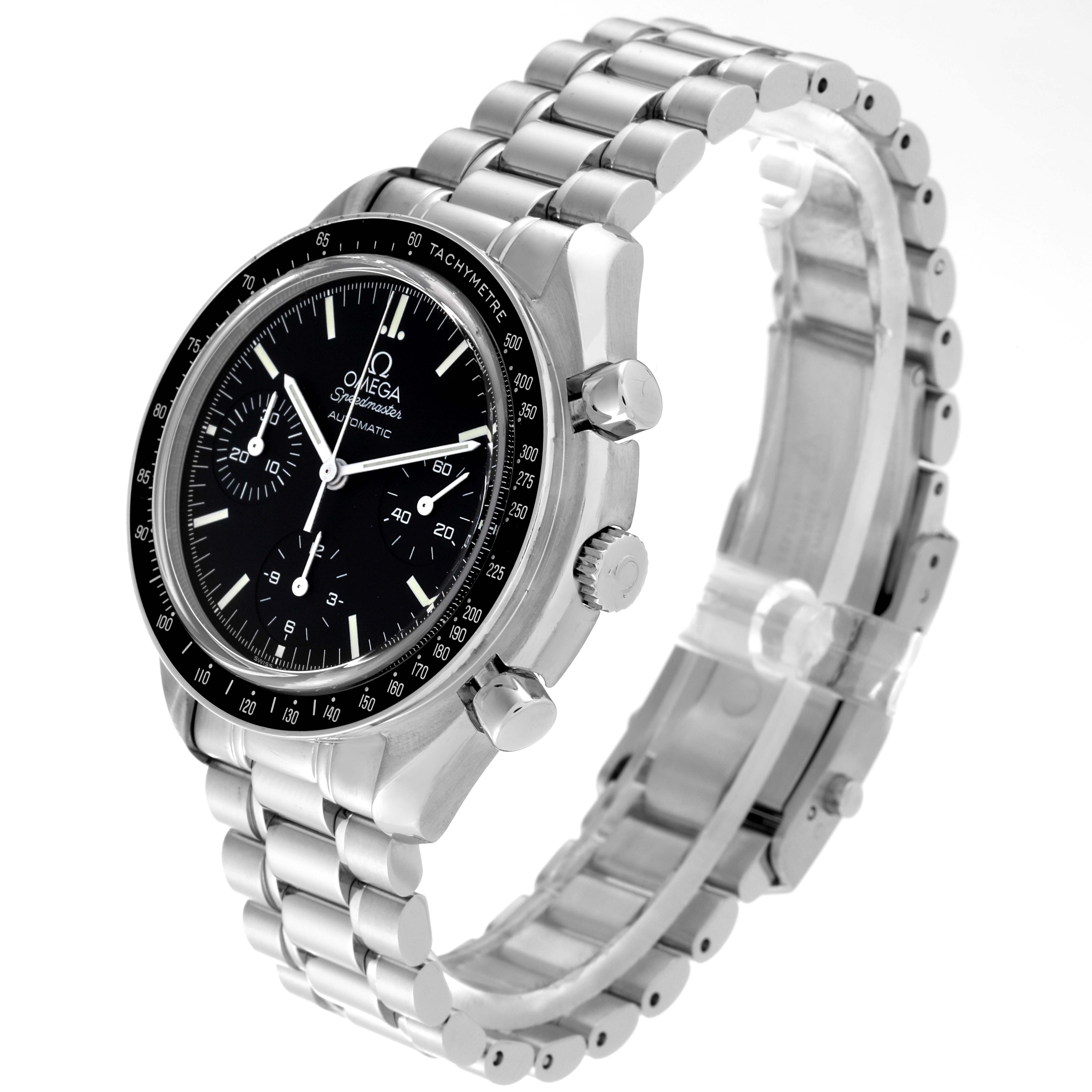 The image shows an angled view of an Omega Speedmaster 3539.50.00 Men
s Stainless Steel Black Dial 3539.50.00 Men
s Stainless Steel Black Dial watch, displaying its face, bezel, crown, pushers, and bracelet.