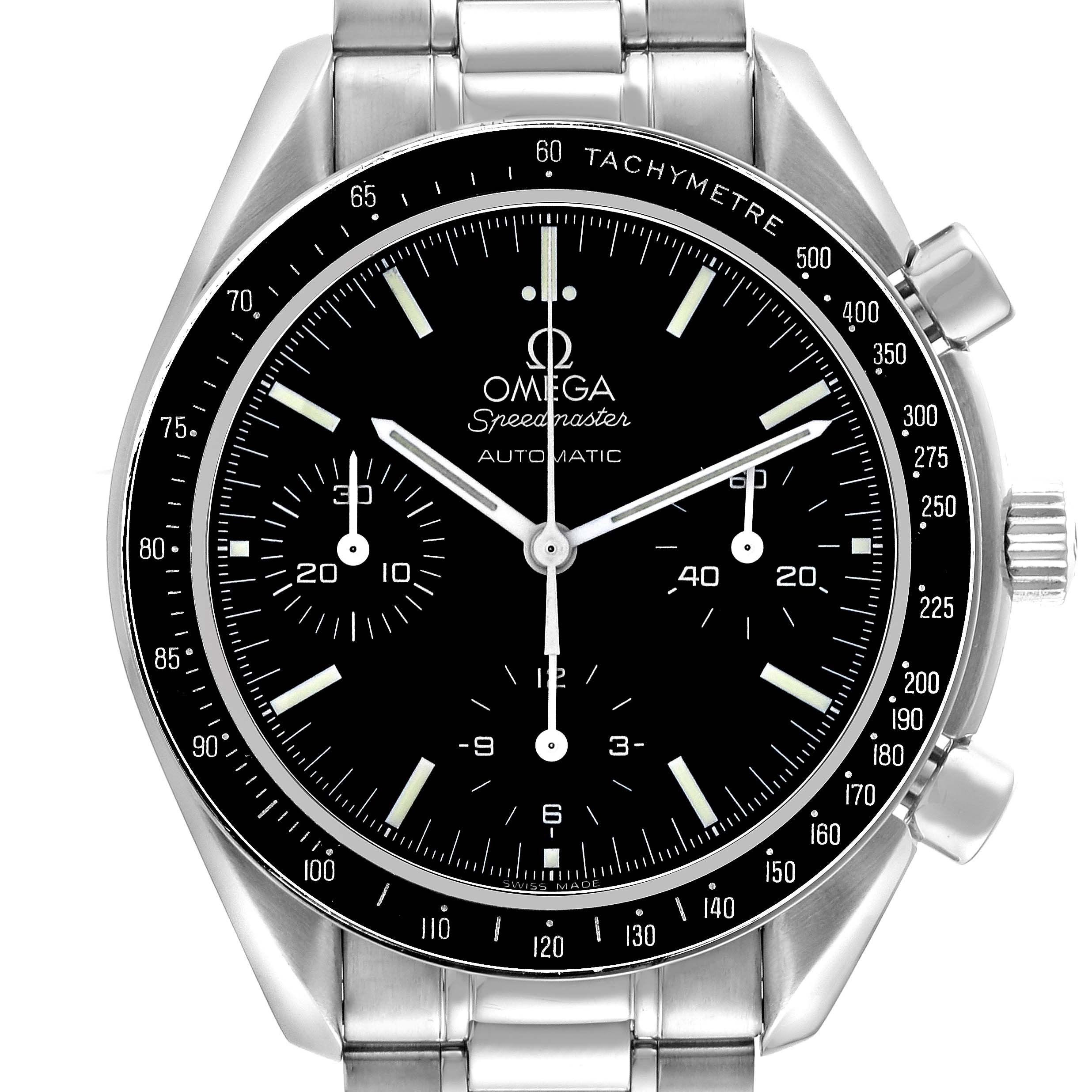 This Omega Speedmaster 3539.50.00 Men
s Stainless Steel Black Dial 3539.50.00 Men
s Stainless Steel Black Dial watch is shown from the front, displaying the dial, subdials, and stainless steel bracelet.