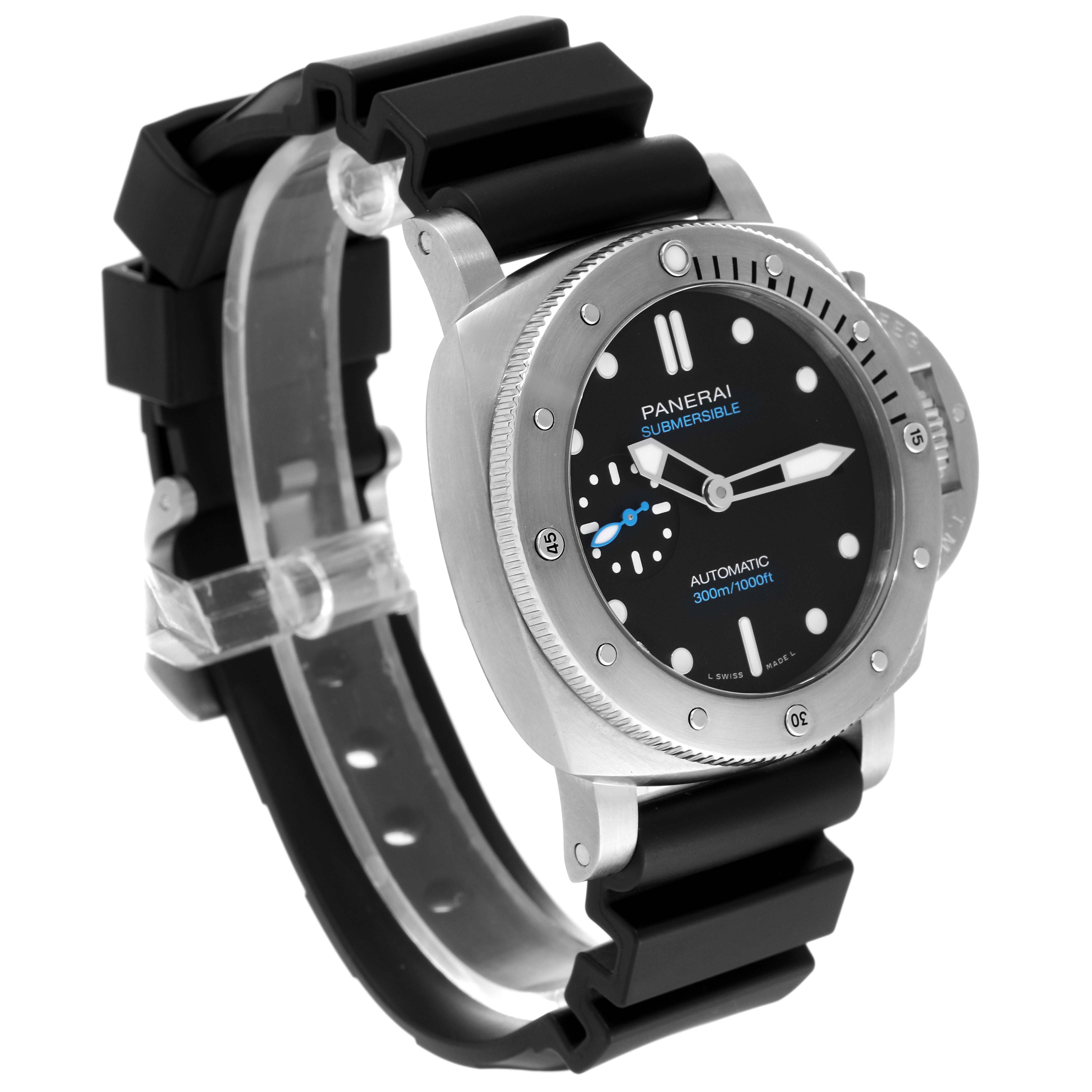 This image shows the Panerai Submersible PAM00973 Men's Stainless Steel Black Dial PAM00973 Men's Stainless Steel Black Dial watch from an angled side view, highlighting the dial, bezel, and rubber strap.