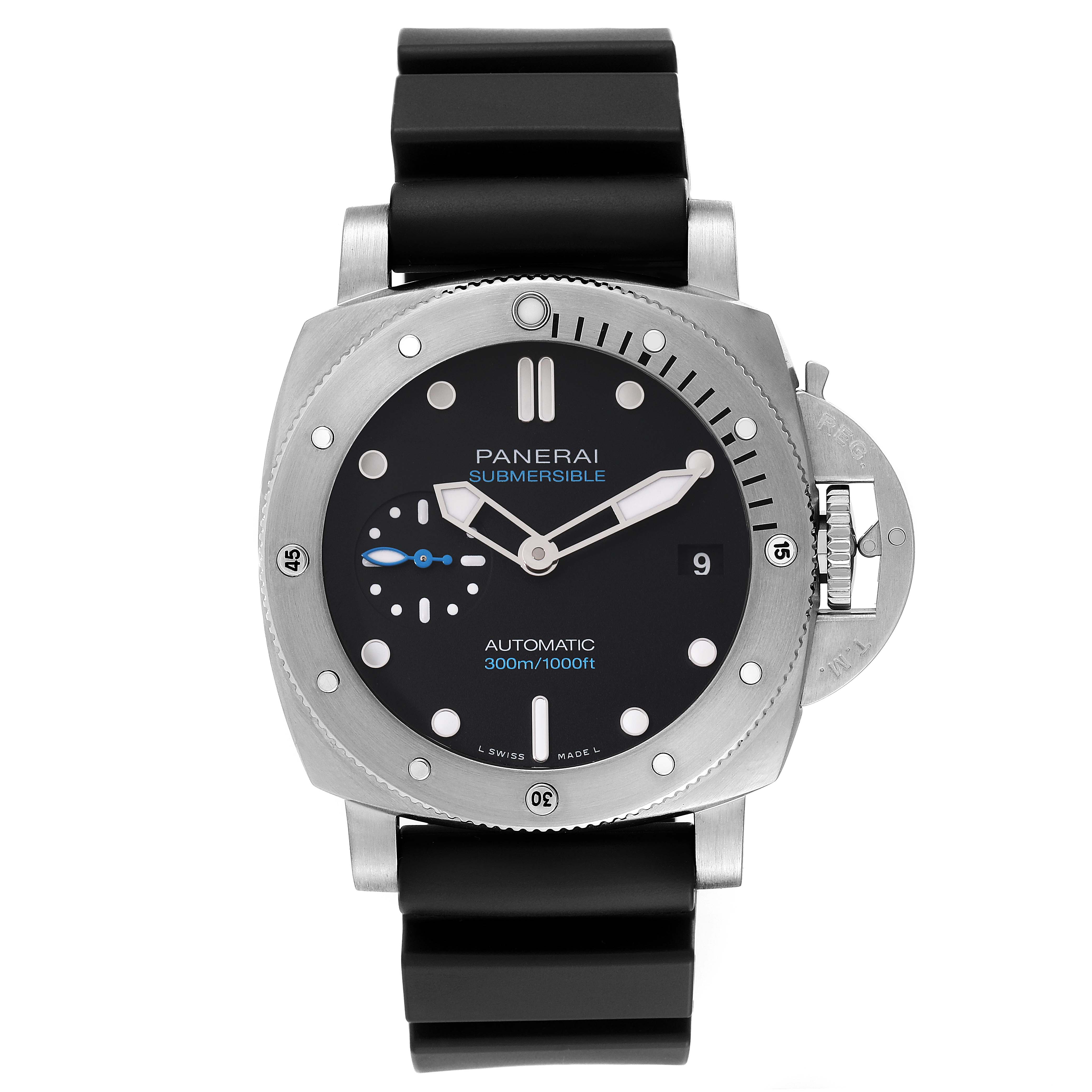 The image shows a front view of a Panerai Submersible PAM00973 Men's Stainless Steel Black Dial PAM00973 Men's Stainless Steel Black Dial watch, displaying its dial, bezel, and strap.