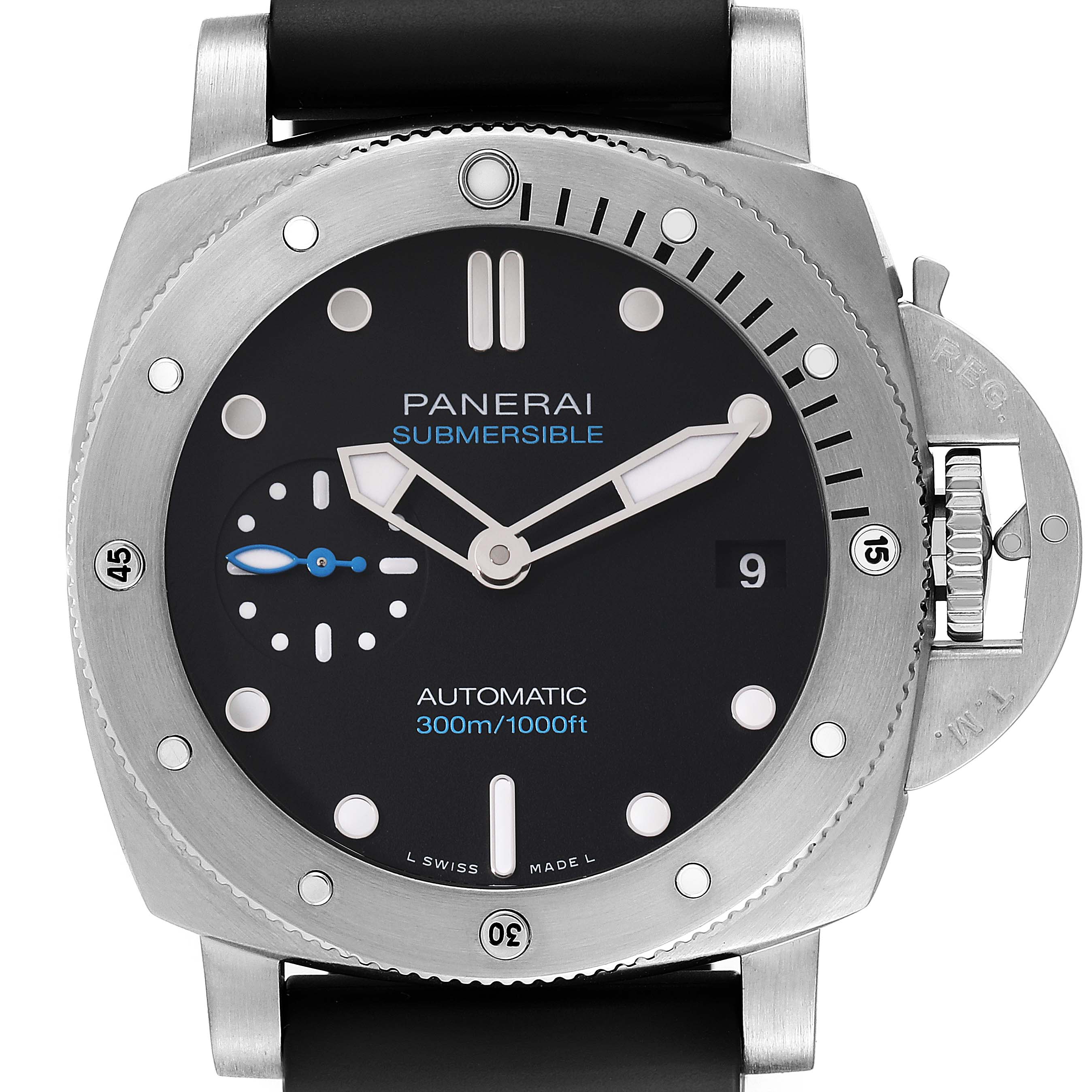 The image shows a front view of a Panerai Submersible PAM00973 Men's Stainless Steel Black Dial PAM00973 Men's Stainless Steel Black Dial watch, highlighting its dial, hands, bezel, crown guard, and strap.