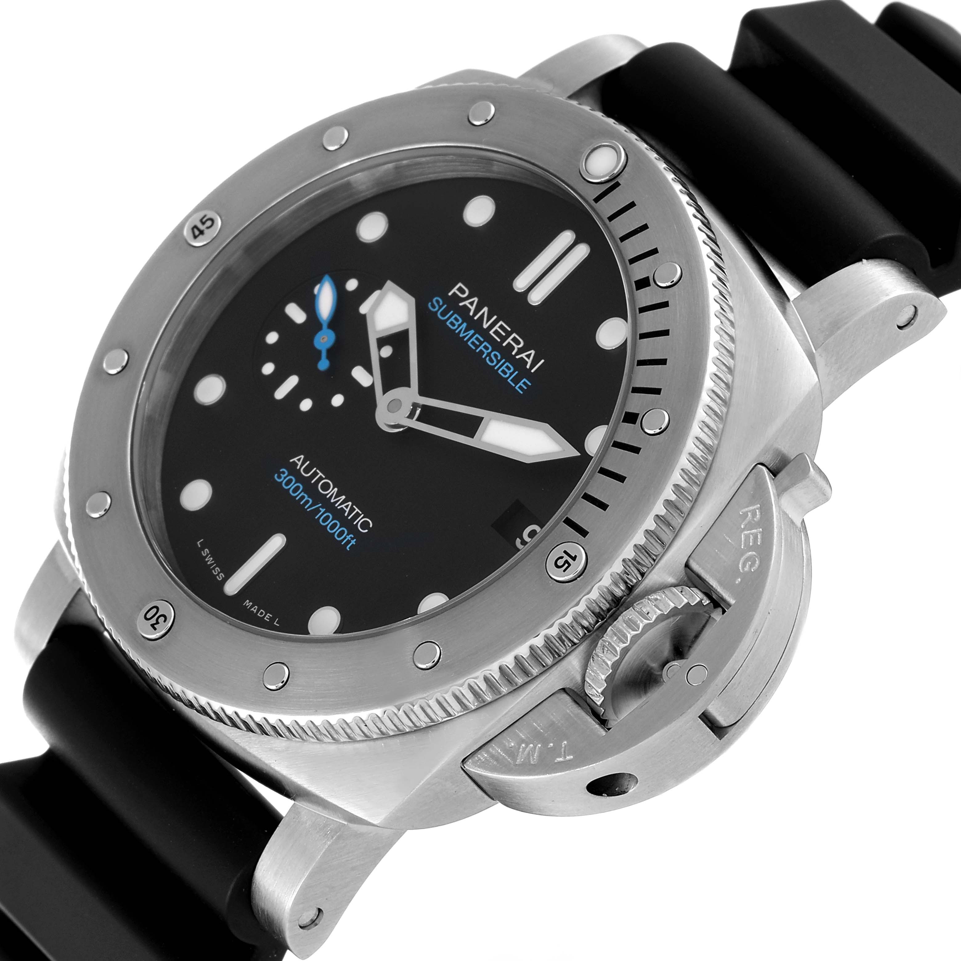 The image shows a close-up angle of the Panerai Submersible PAM00973 Men's Stainless Steel Black Dial PAM00973 Men's Stainless Steel Black Dial watch, focusing on the dial, bezel, and crown guard.