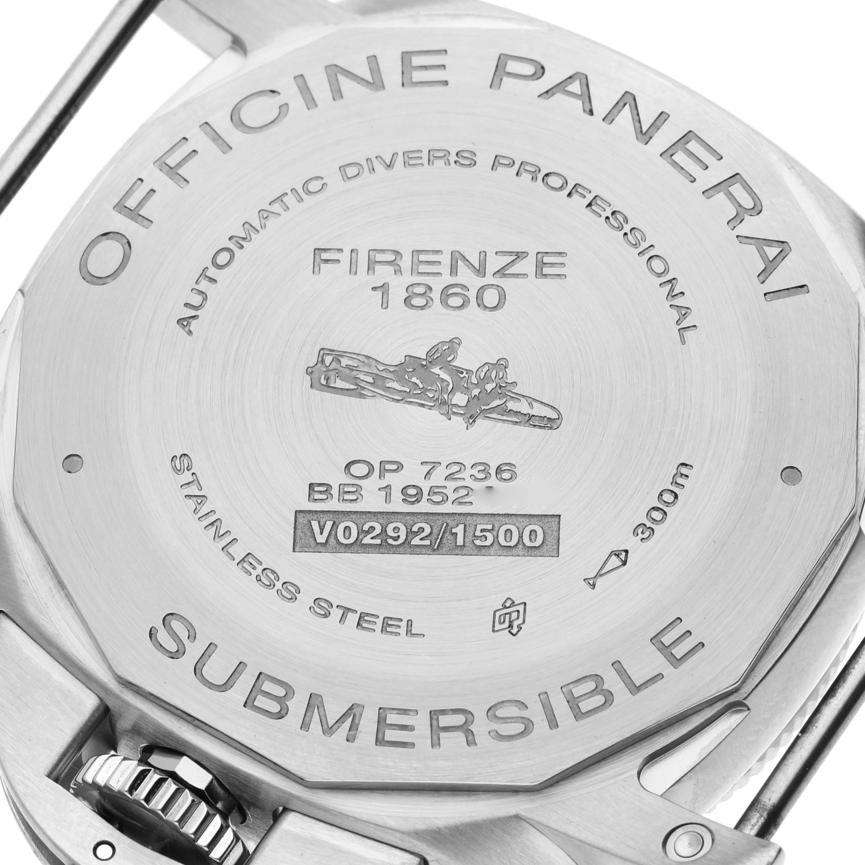 The image shows the case back of a Panerai Submersible PAM00973 Men's Stainless Steel Black Dial PAM00973 Men's Stainless Steel Black Dial model watch, displaying engravings and marking details.
