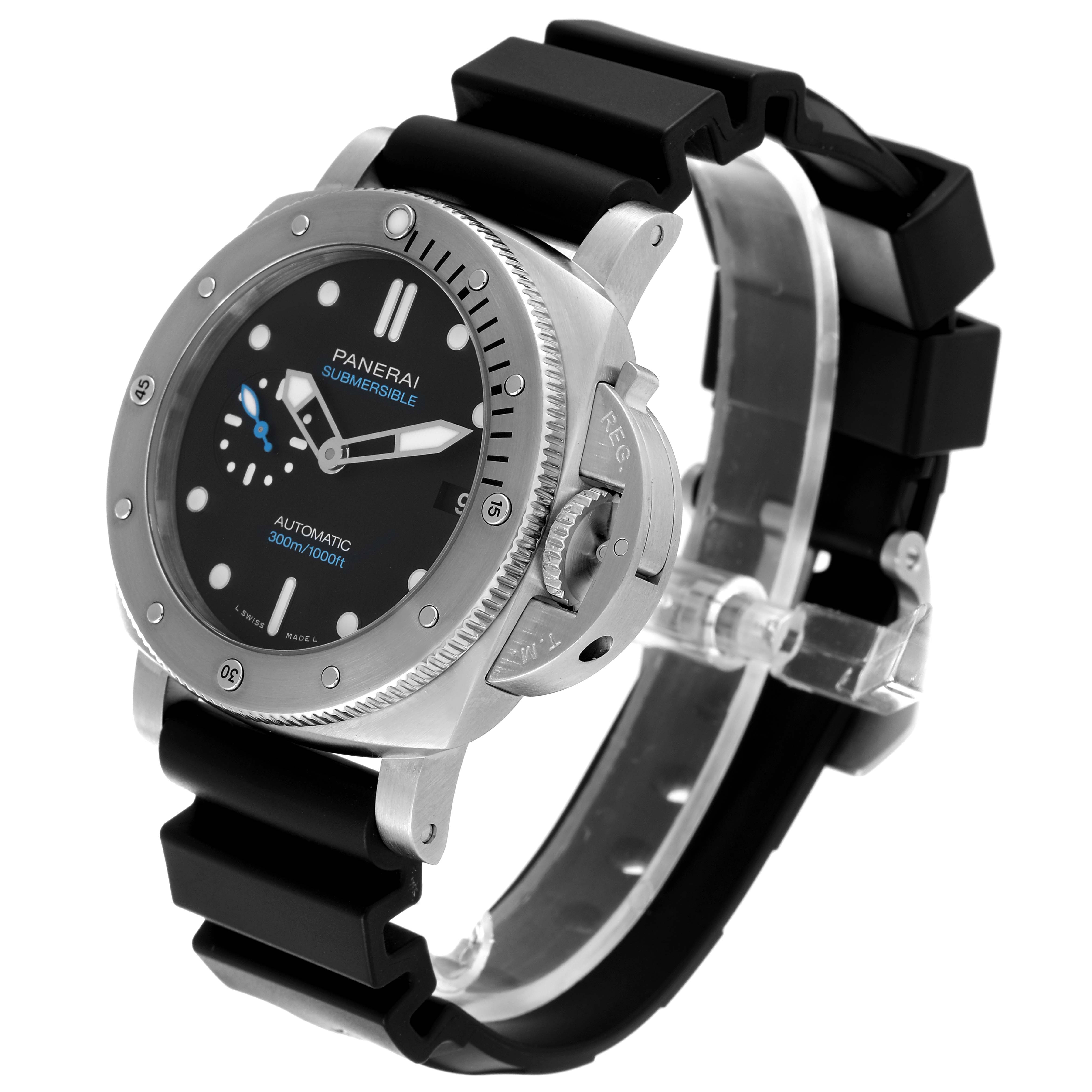 This image shows a Panerai Submersible PAM00973 Men's Stainless Steel Black Dial PAM00973 Men's Stainless Steel Black Dial watch angled from the front-left, highlighting the dial, bezel, and rubber strap.
