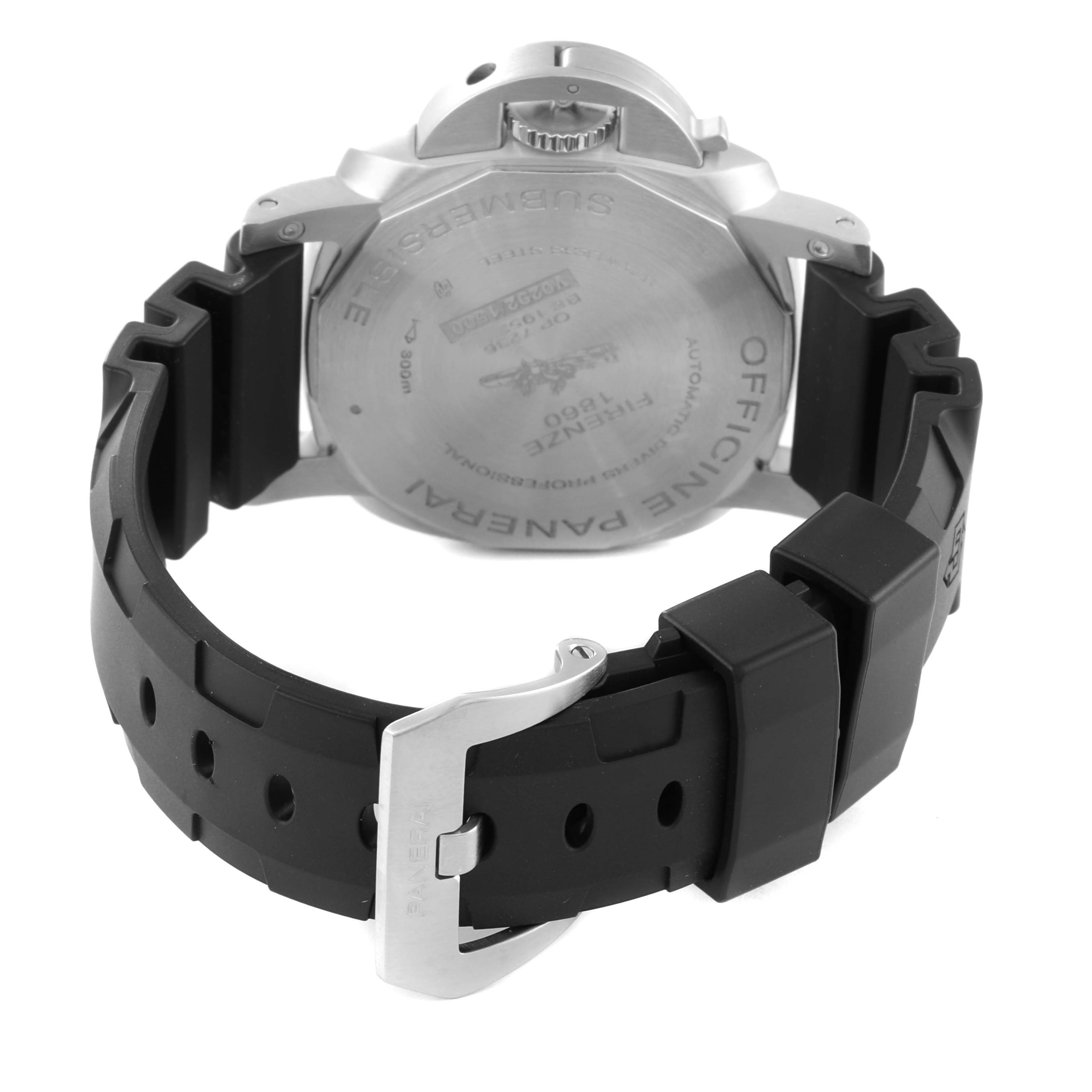 The Panerai Submersible PAM00973 Men's Stainless Steel Black Dial PAM00973 Men's Stainless Steel Black Dial watch is shown from the back, focusing on the case back, strap, and buckle.