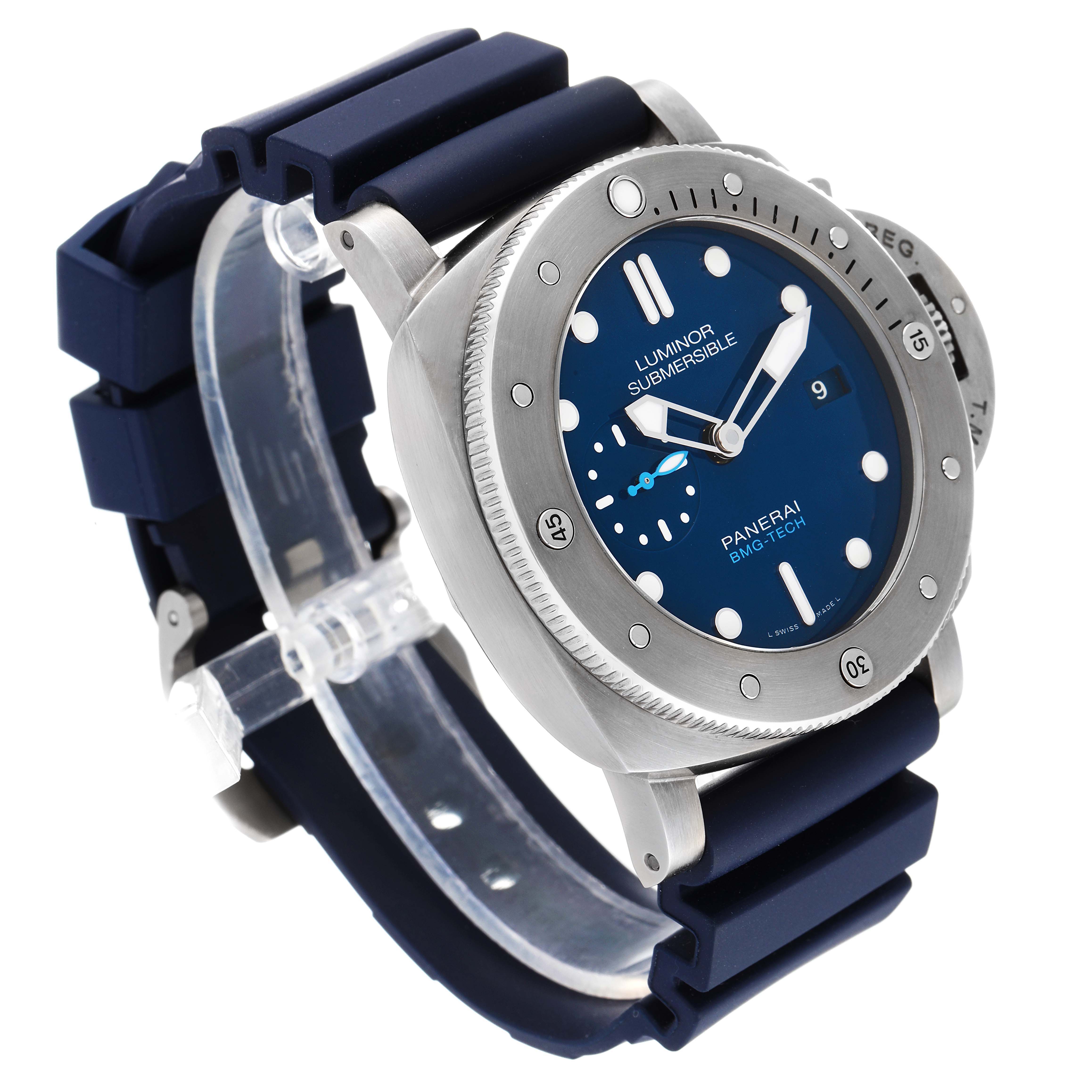 The image shows a Panerai Luminor Submersible model watch from an angled side view, highlighting its blue dial and rubber strap.