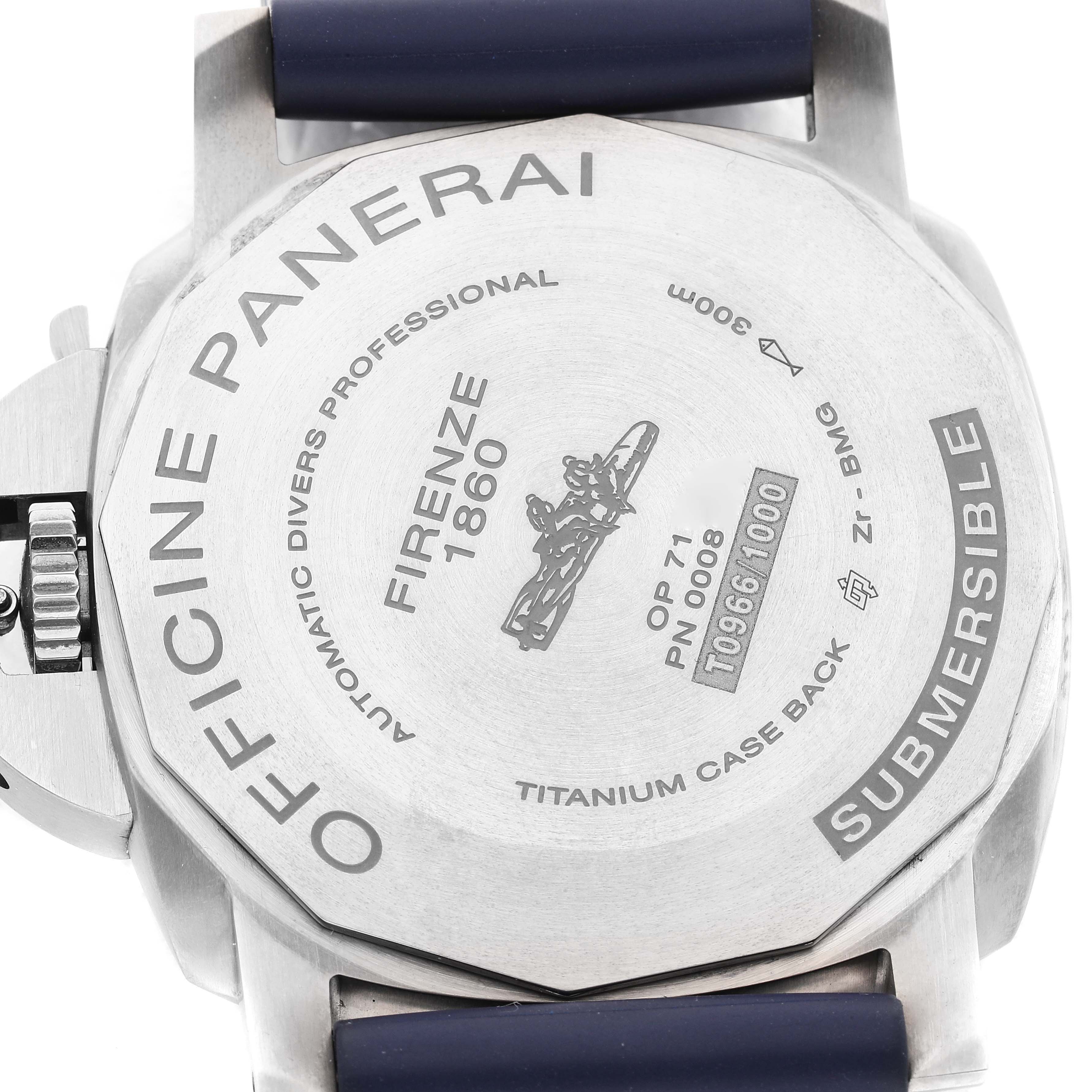 The image shows the back of a Panerai Submersible PAM00692 Men's Ceramic Blue Dial PAM00692 Men's Ceramic Blue Dial watch with inscriptions and a blue strap.
