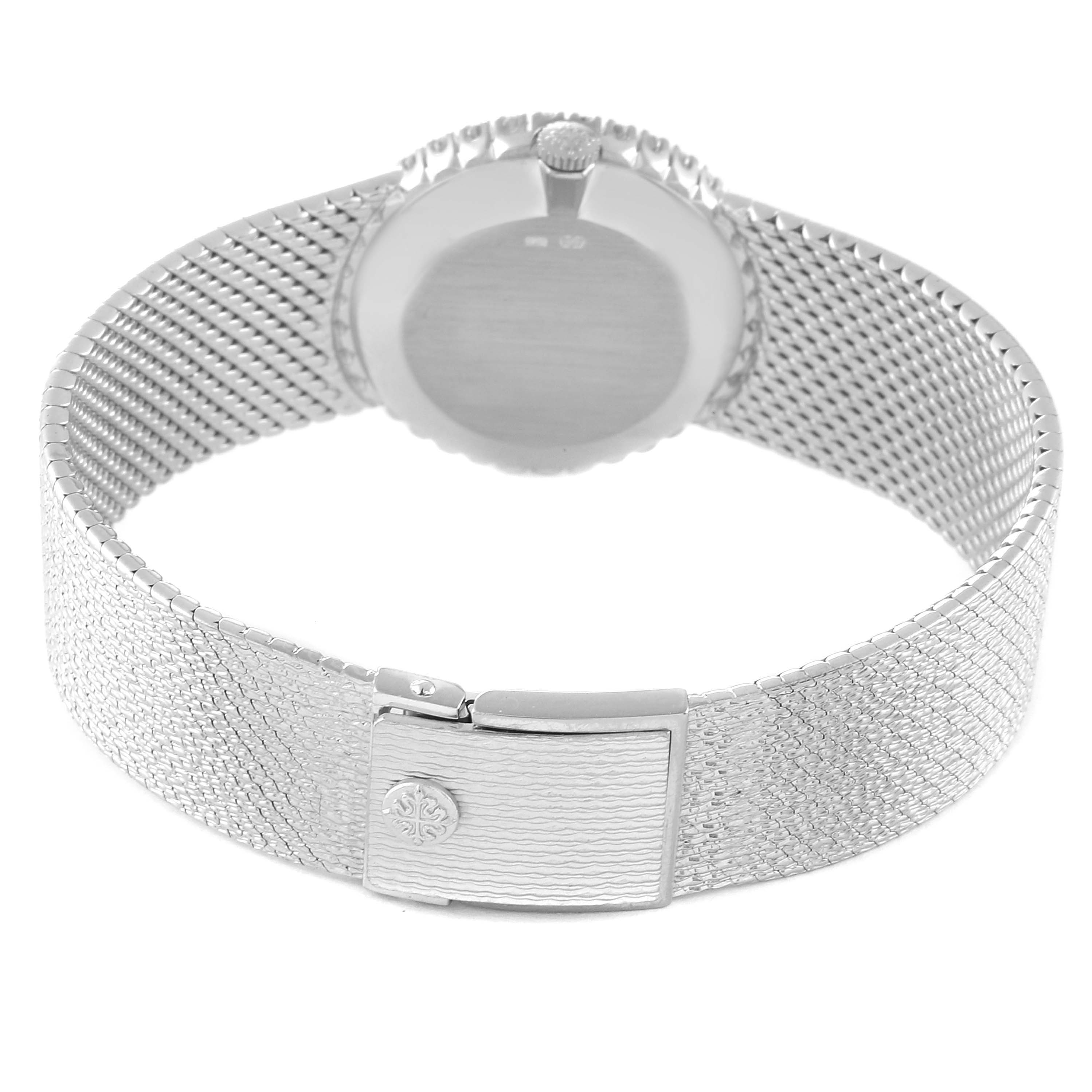 The Patek Philippe Calatrava 4182 Women's White Gold Blue Dial 4182 Women's White Gold Blue Dial watch is shown from the back, featuring its clasp and mesh band.