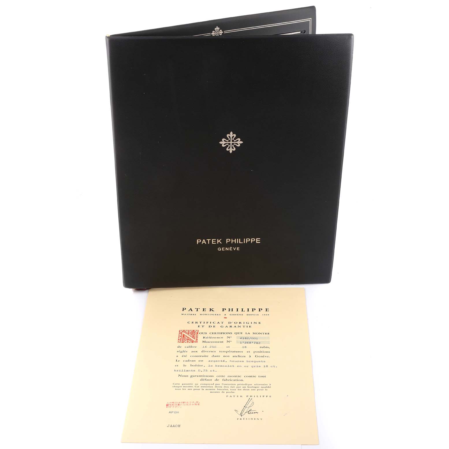 The image shows a Patek Philippe Calatrava 4182 Women's White Gold Blue Dial 4182 Women's White Gold Blue Dial folder with a certificate of origin document underneath.