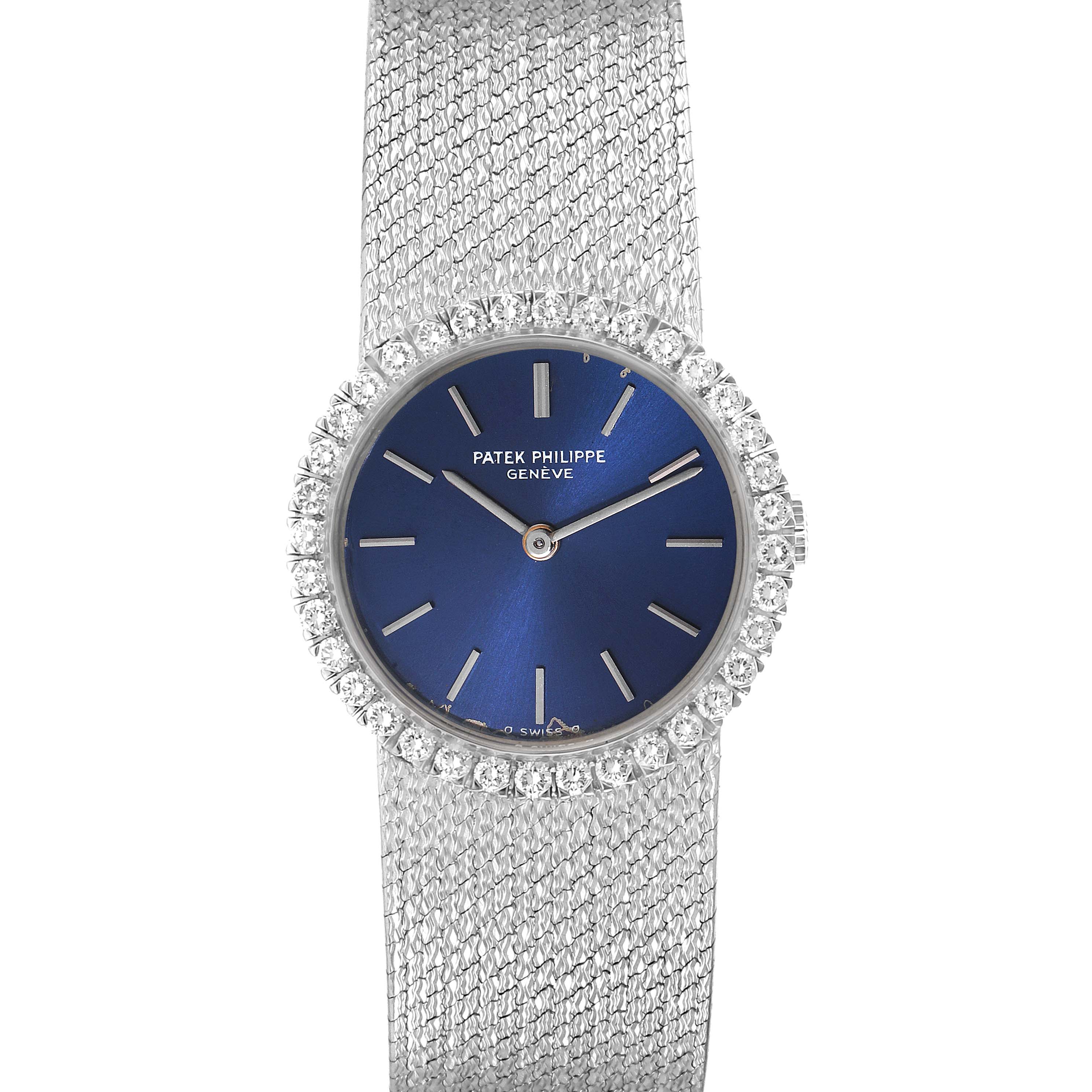 This is a frontal view of the Patek Philippe Calatrava 4182 Women's White Gold Blue Dial 4182 Women's White Gold Blue Dial watch, showcasing its blue dial, diamond bezel, and mesh bracelet.