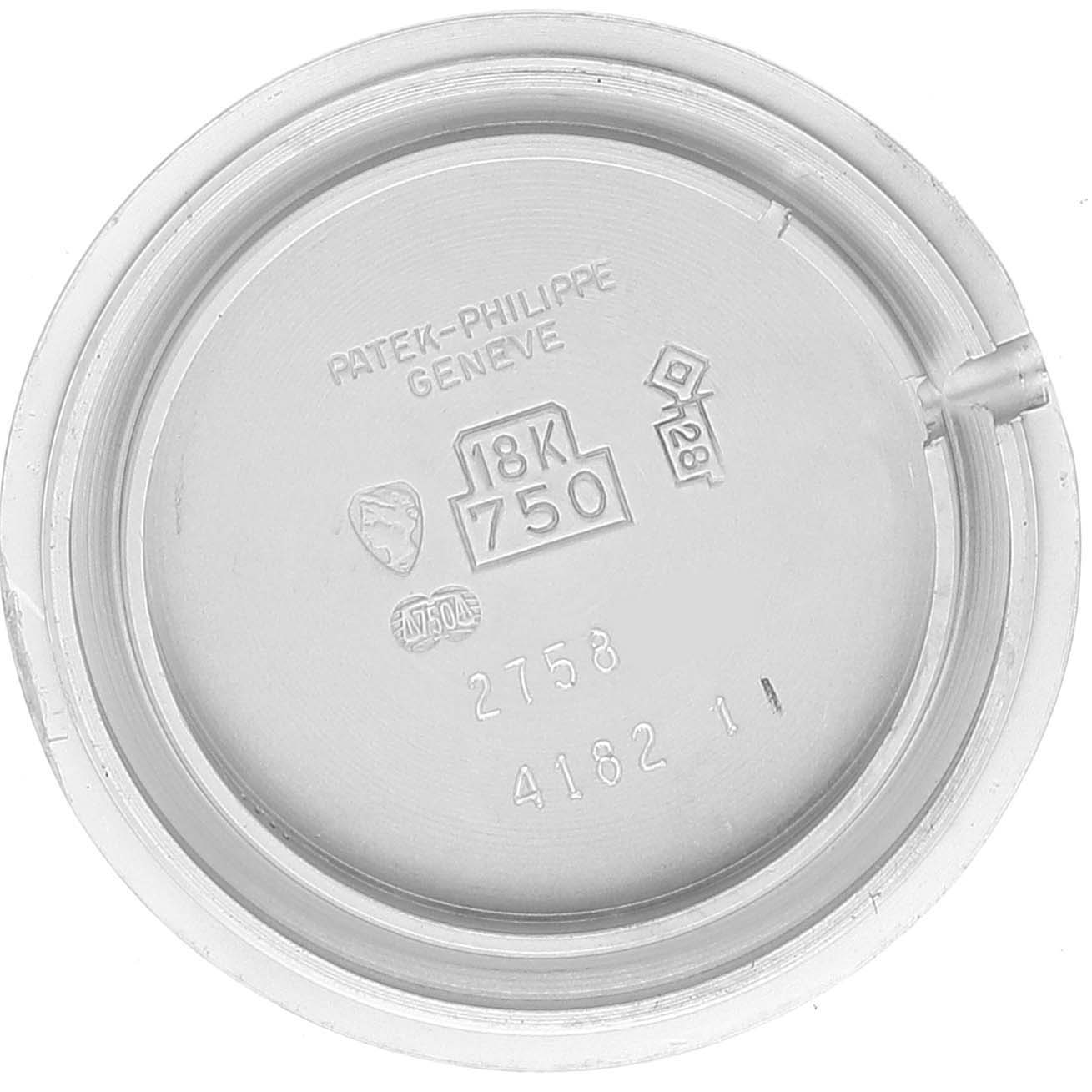 The image shows the inner side of the case back of a Patek Philippe Calatrava 4182 Women's White Gold Blue Dial 4182 Women's White Gold Blue Dial watch.