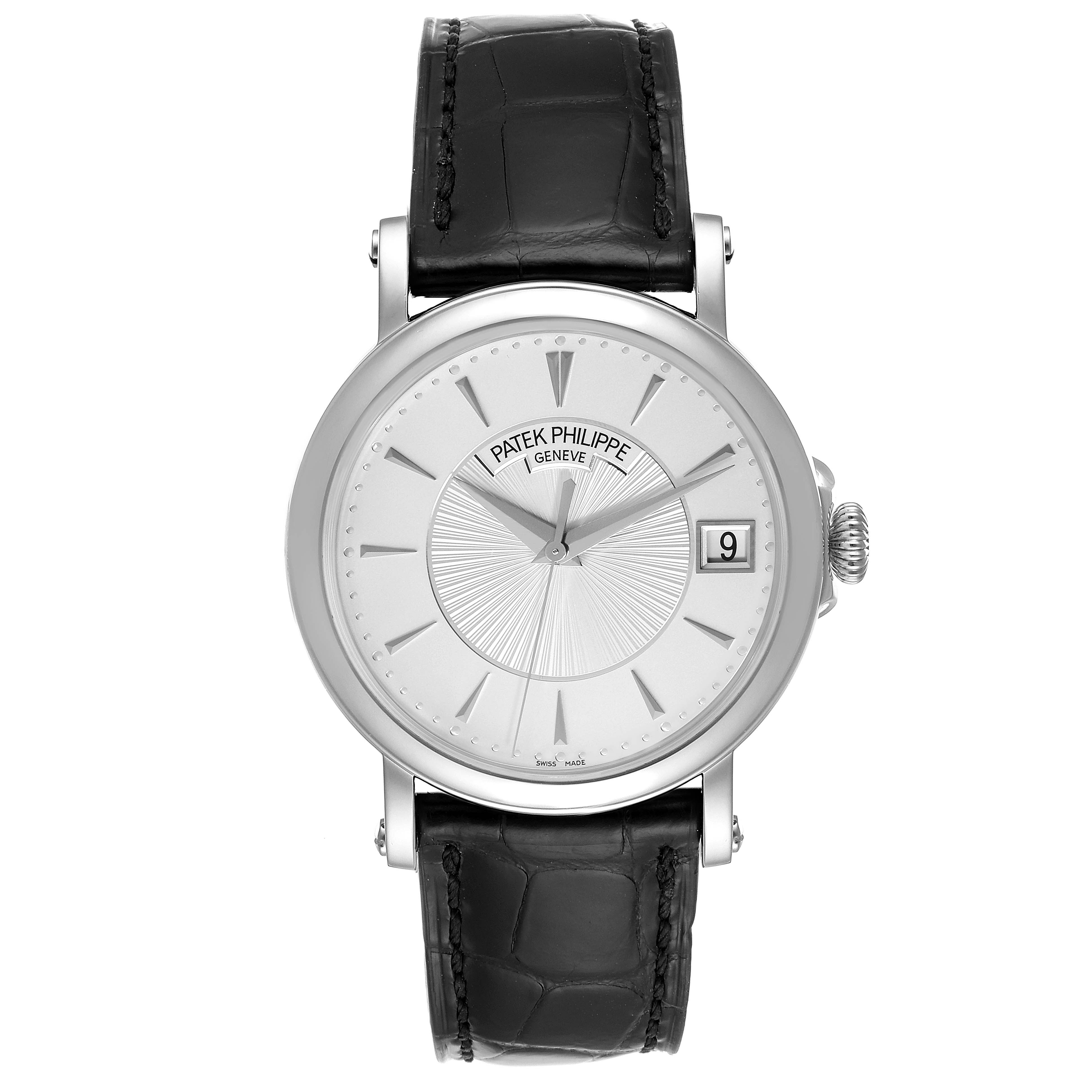 The image shows a front view of the Patek Philippe Calatrava 5153G Men
s White Gold Silver Dial 5153G Men
s White Gold Silver Dial watch, displaying its dial, hands, date window, and leather strap.