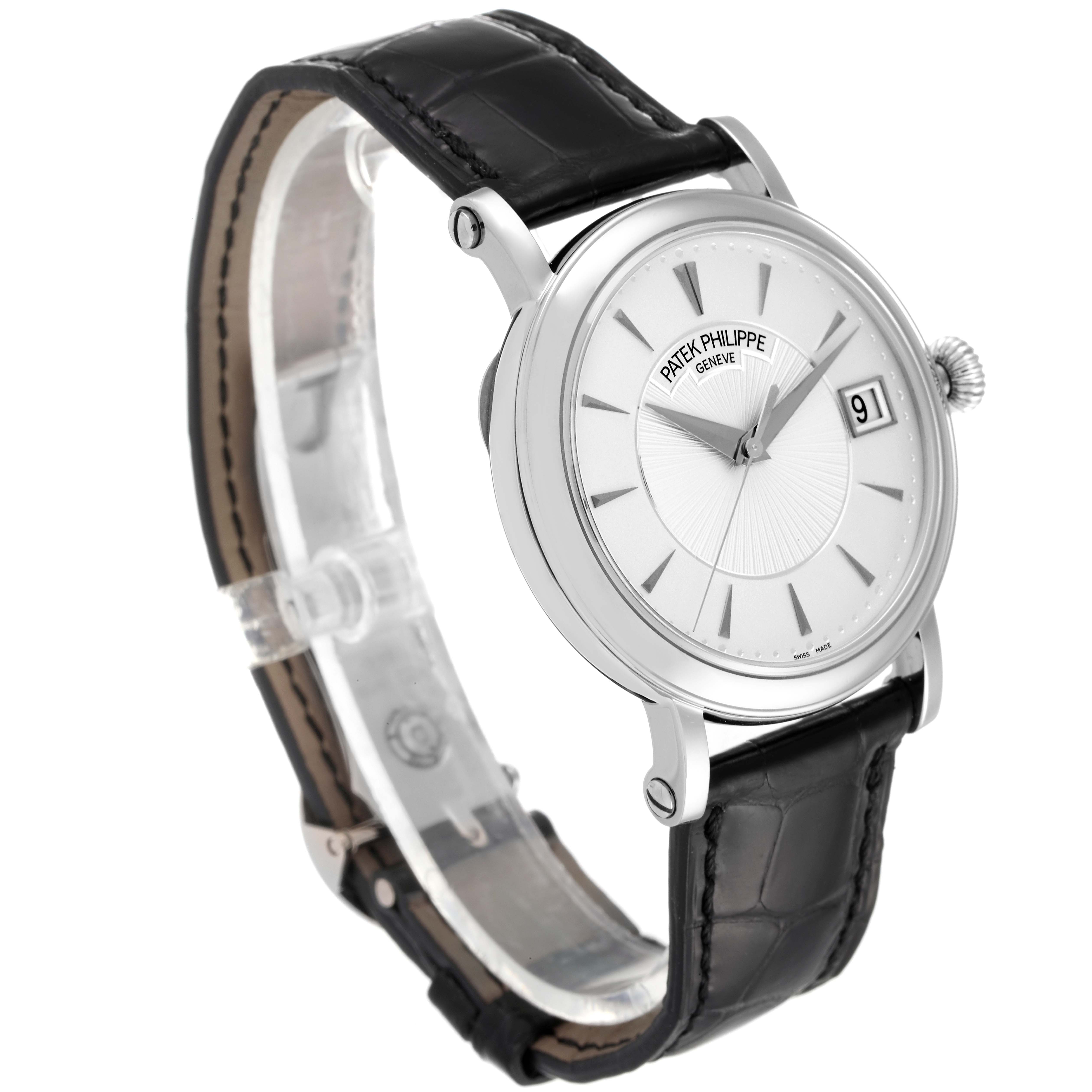 The Patek Philippe Calatrava 5153G Men
s White Gold Silver Dial 5153G Men
s White Gold Silver Dial watch is shown at a three-quarter angle, displaying the face, crown, and black leather strap.
