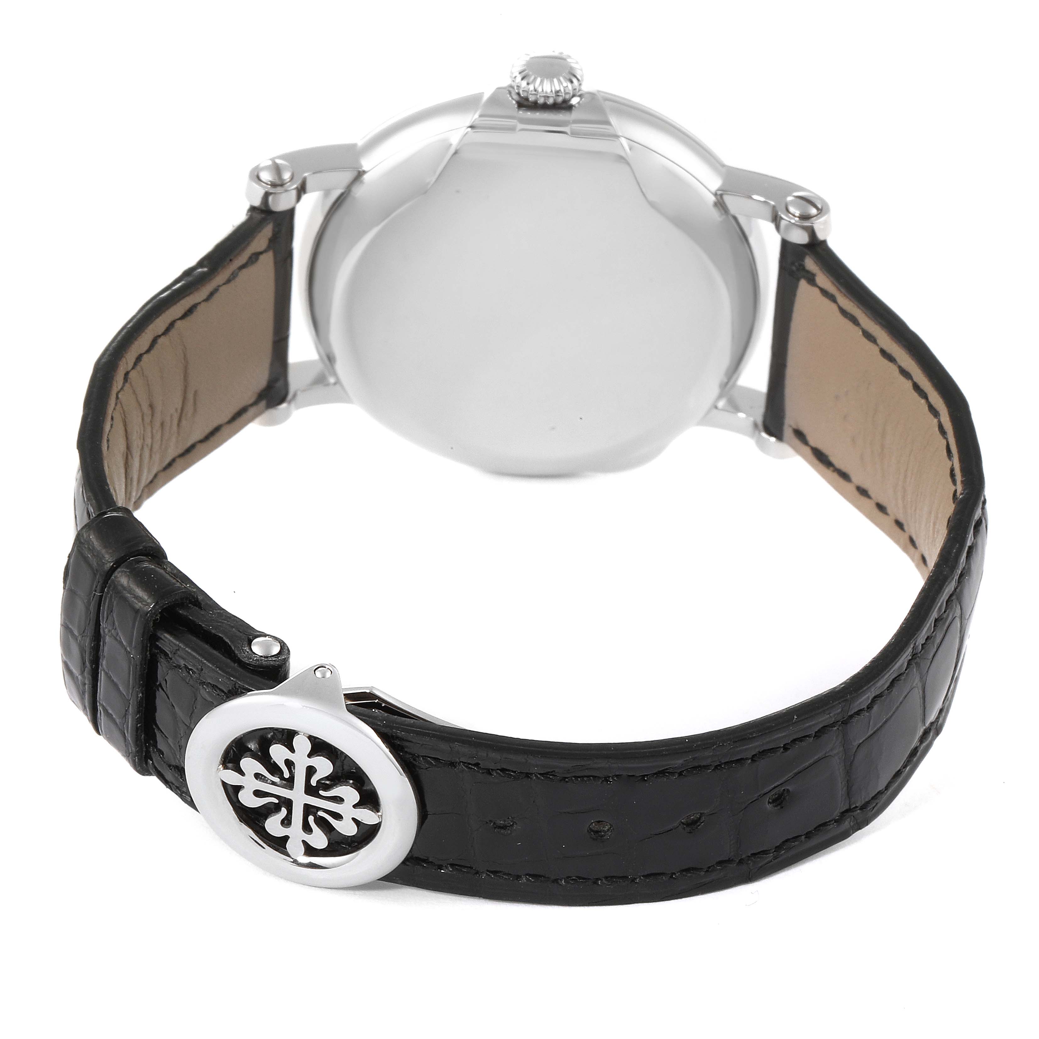 The image shows the back case and strap of the Patek Philippe Calatrava 5153G Men
s White Gold Silver Dial 5153G Men
s White Gold Silver Dial watch from a rear angle.