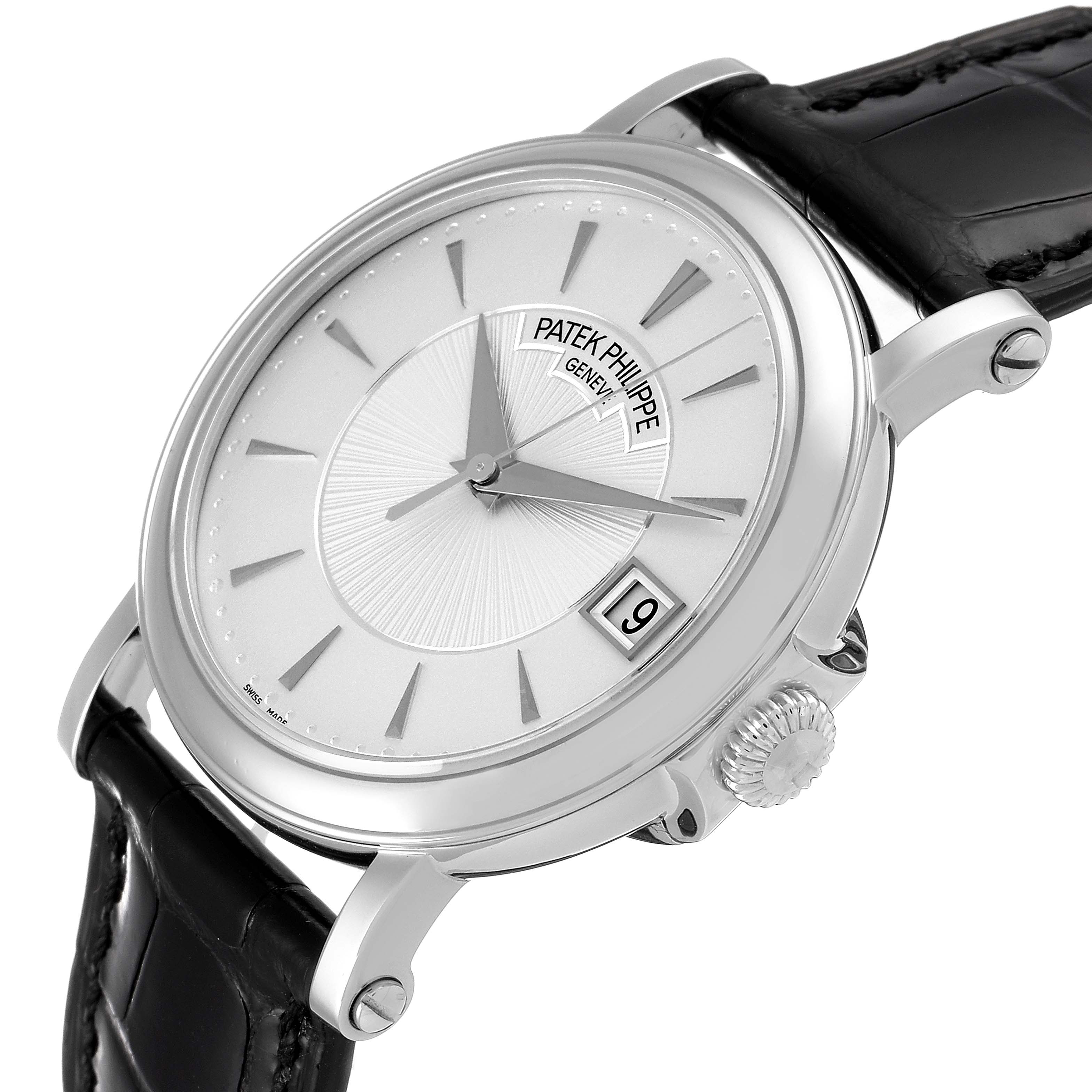 The image shows a side angle view of the Patek Philippe Calatrava 5153G Men
s White Gold Silver Dial 5153G Men
s White Gold Silver Dial watch, highlighting the dial, case, crown, and strap.