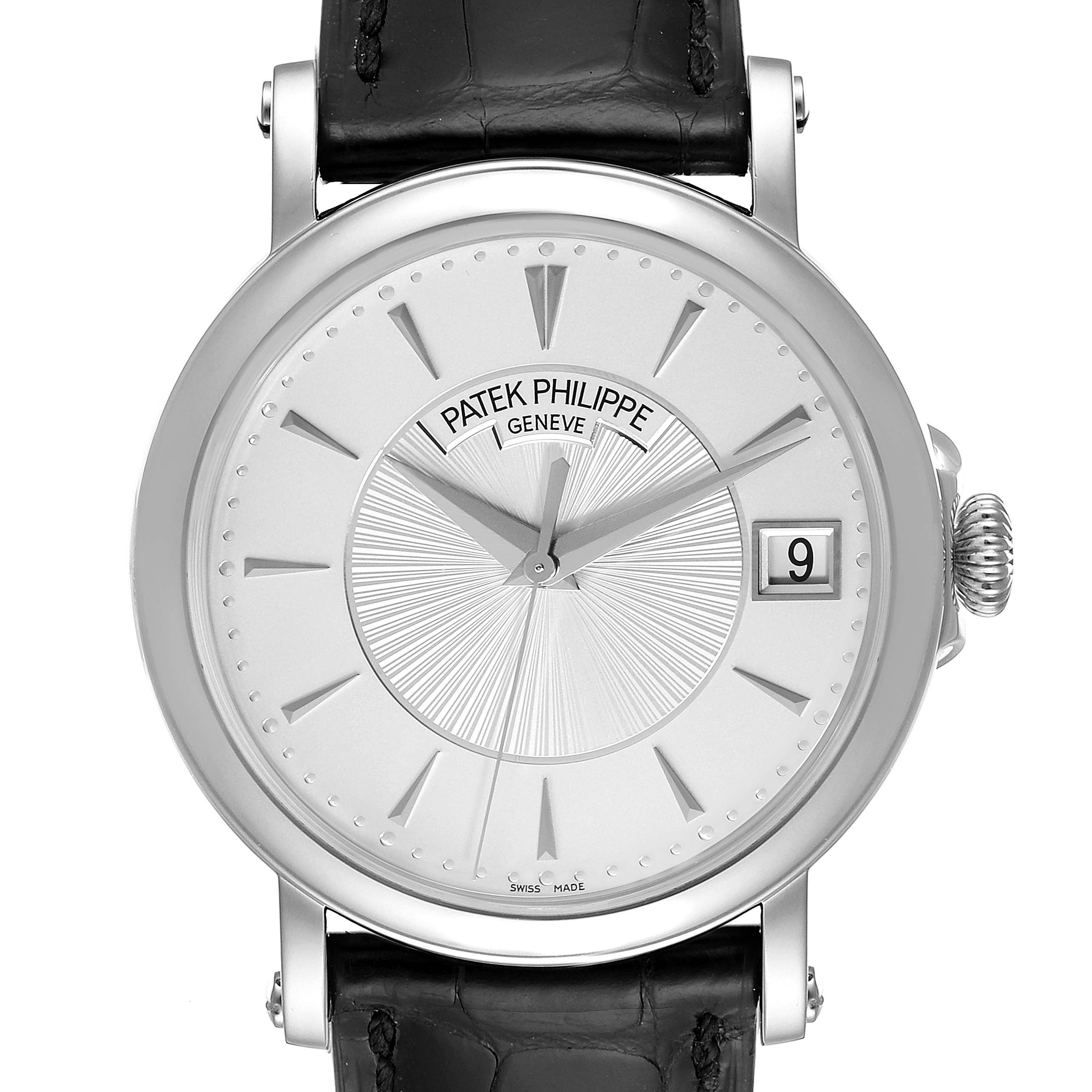 This is a front view of the Patek Philippe Calatrava 5153G Men
s White Gold Silver Dial 5153G Men
s White Gold Silver Dial model watch showing the dial, date window, crown, and leather strap.