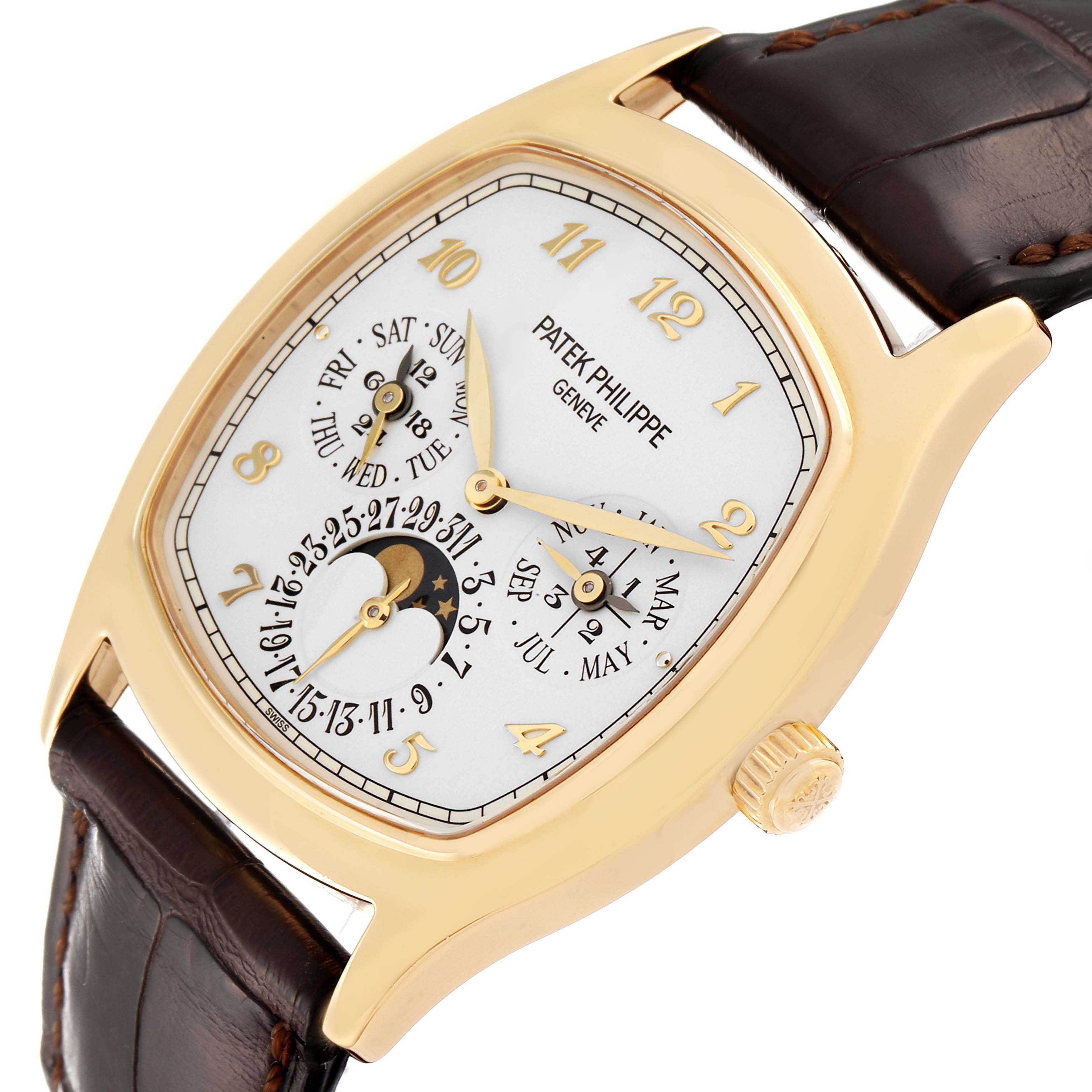 The image shows a close-up, angled view of the face and strap of the Patek Philippe Complications 5940J - 001 Men's Yellow Gold Silver Dial 5940J - 001 Men's Yellow Gold Silver Dial model watch.