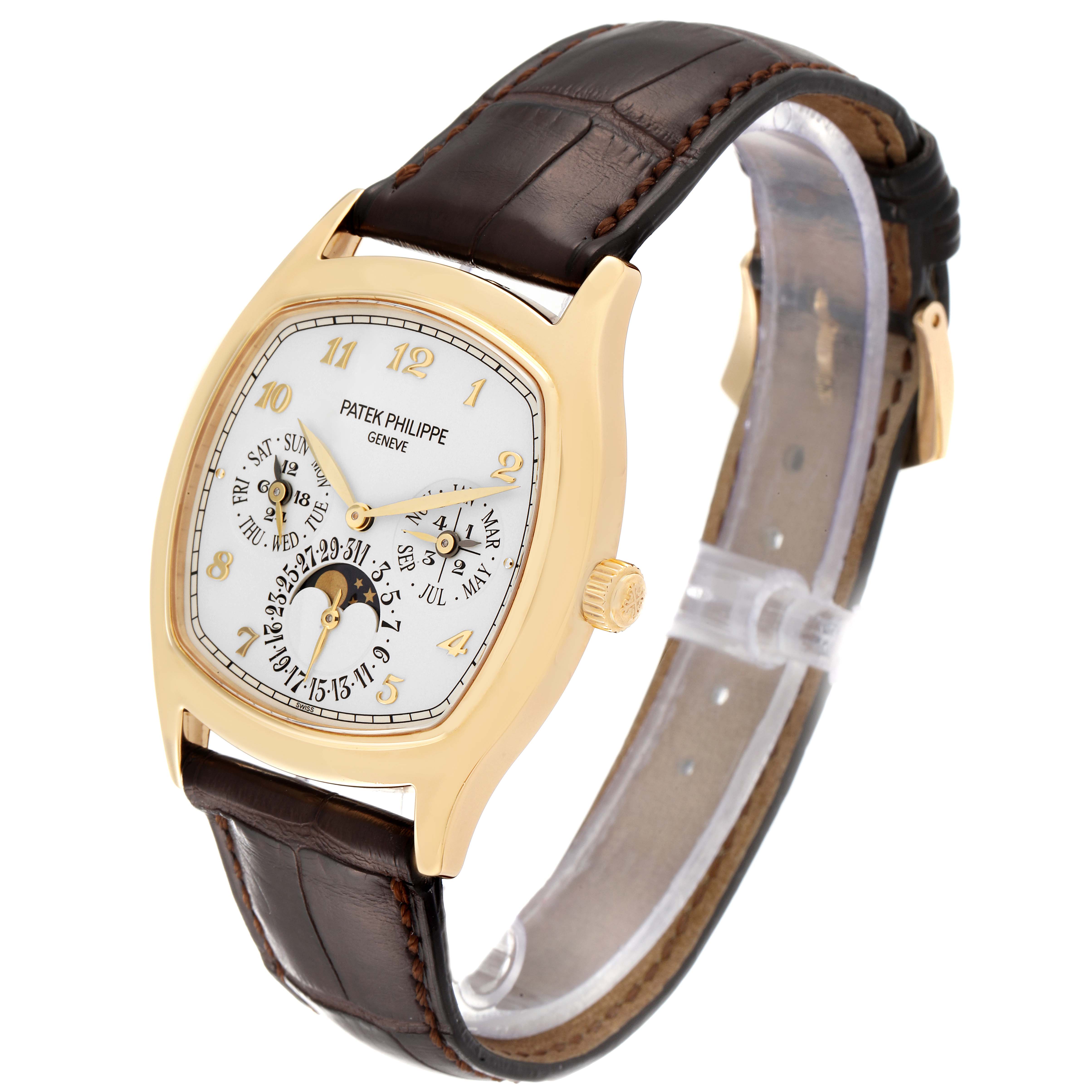 The image shows a Patek Philippe Complications 5940J - 001 Men's Yellow Gold Silver Dial 5940J - 001 Men's Yellow Gold Silver Dial model watch from a three-quarter front angle, featuring the dial, case, and leather strap.