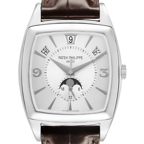 The Patek Philippe Gondolo 5135G-001 Men's White Gold Silver Dial watch is shown from the front, displaying the face, dial, and brown leather strap.