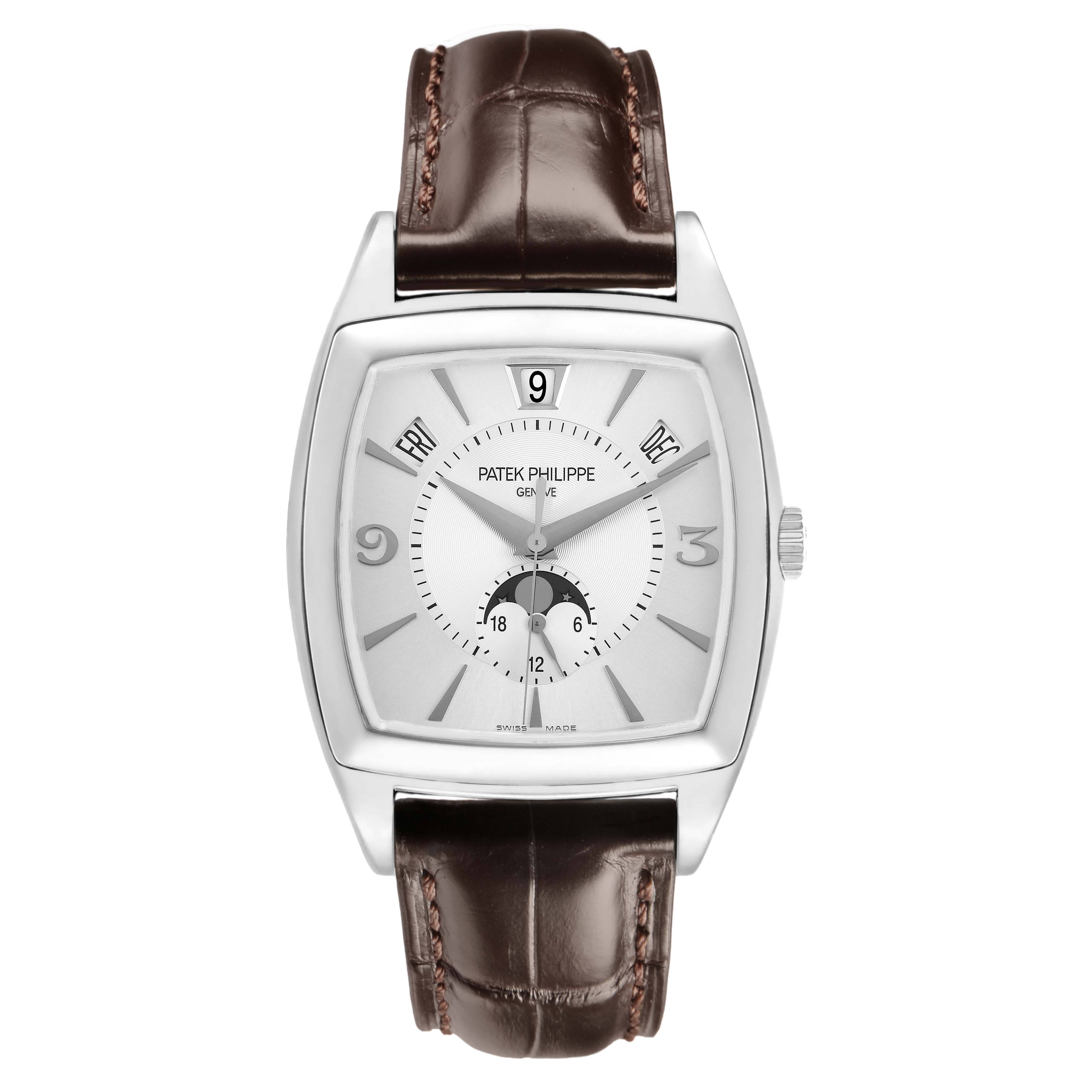The Patek Philippe Gondolo 5135G-001 Men's White Gold Silver Dial watch is shown from a front angle, highlighting the dial, case, and leather strap.
