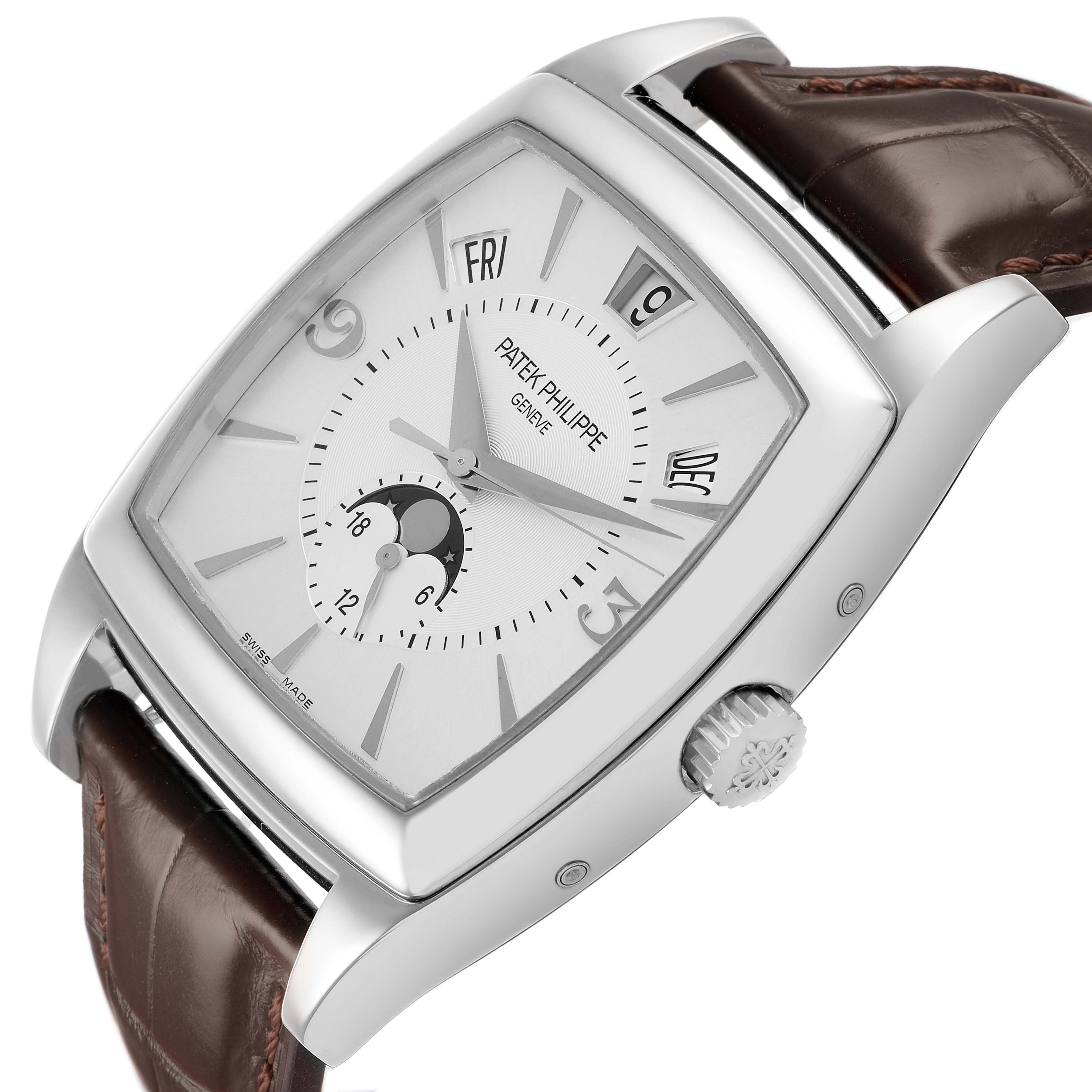 The Patek Philippe Gondolo 5135G-001 Men's White Gold Silver Dial watch is shown at a slight angle, highlighting its face, crown, and leather strap.