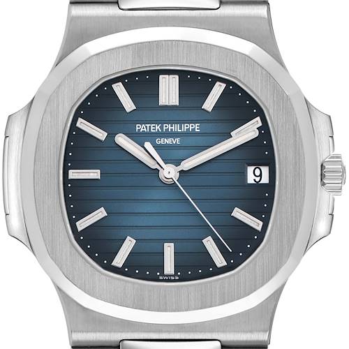 The image shows a front view of a Patek Philippe Nautilus 5711/1A-001 Men's Stainless Steel Blue Dial watch, highlighting its blue dial, hands, and date feature.