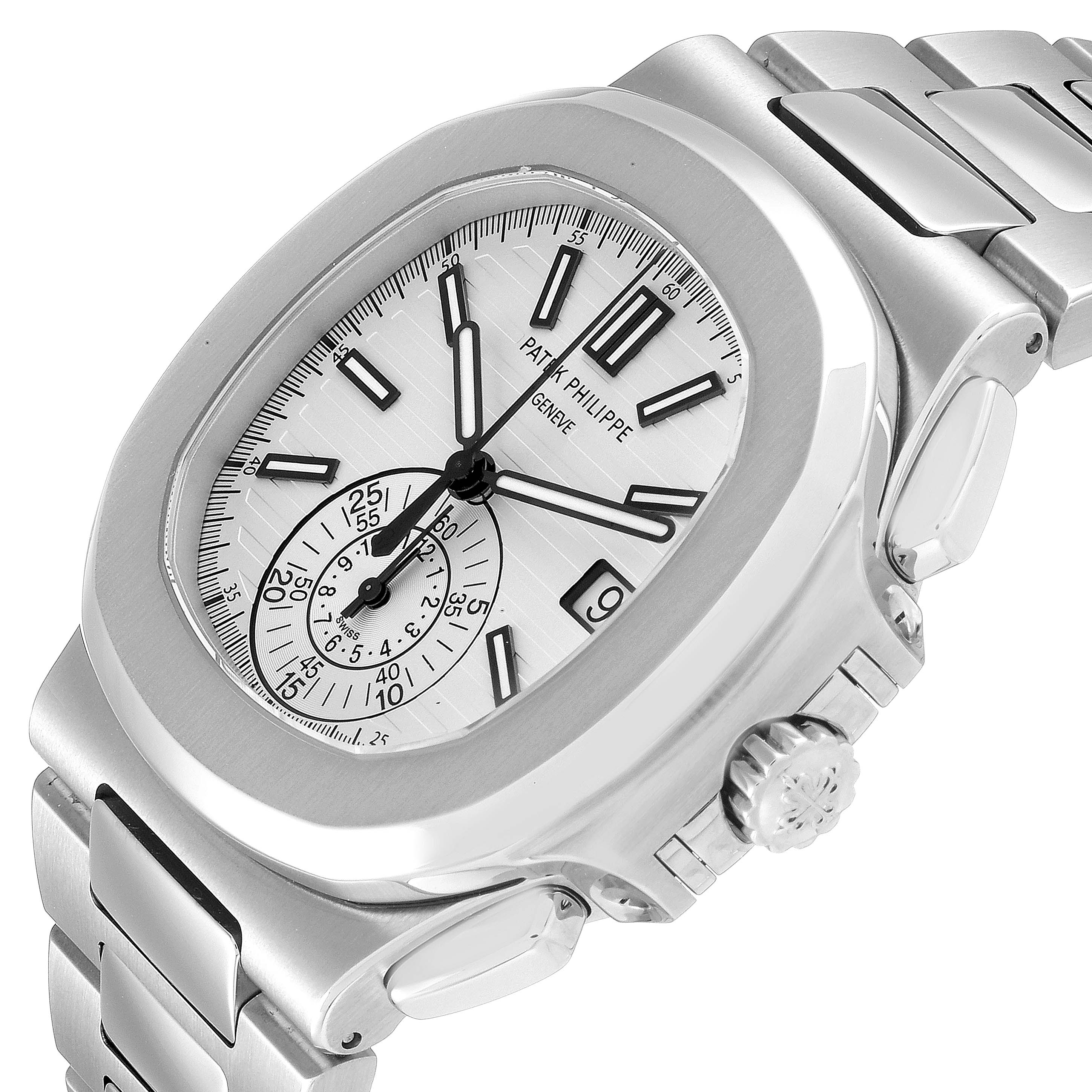 This image shows the Patek Philippe Nautilus 5980/1A Men's Stainless Steel White Dial 5980/1A Men's Stainless Steel White Dial watch from a front-side angle, displaying its dial, bezel, and bracelet.