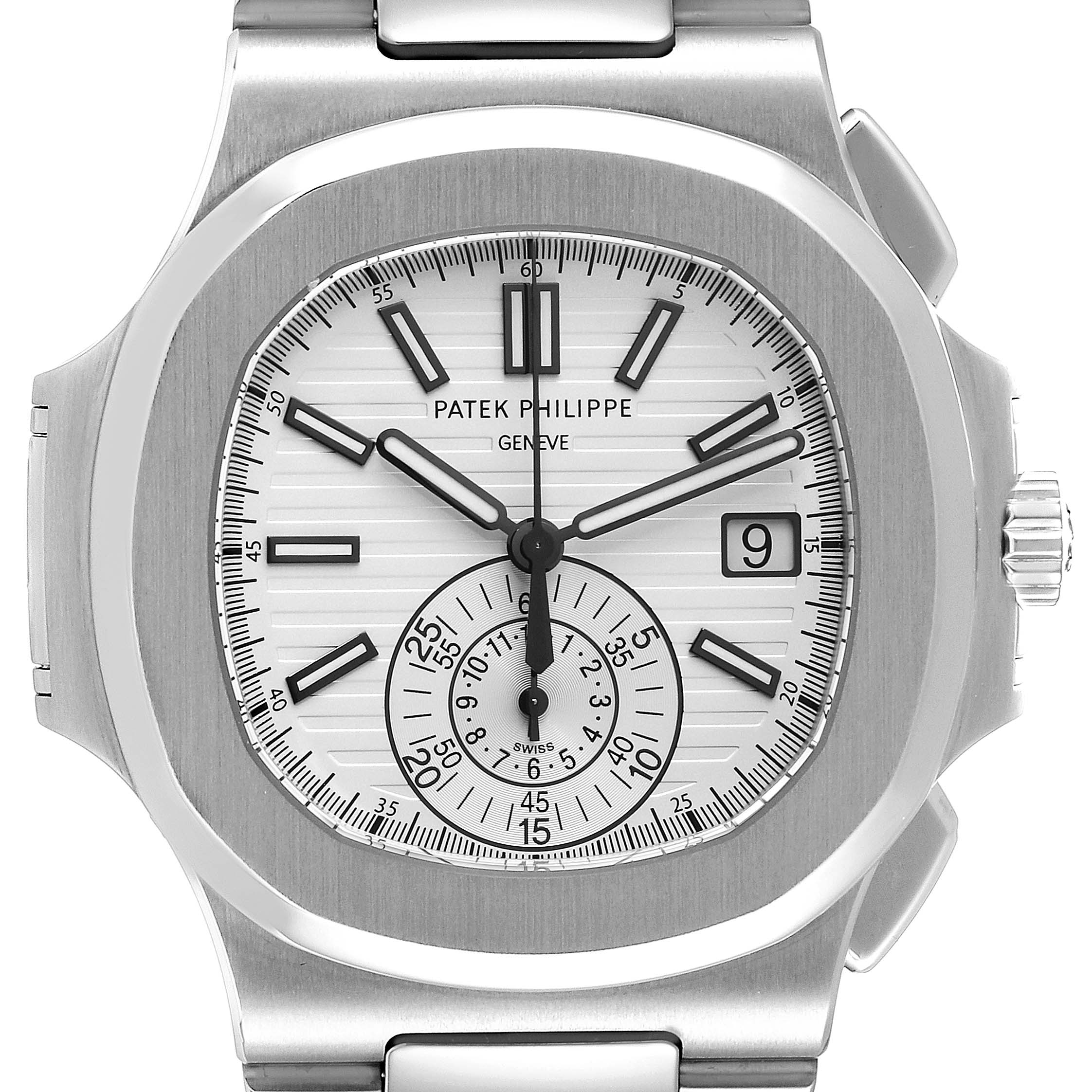 The image shows a front view of the dial and part of the bracelet of a Patek Philippe Nautilus 5980/1A Men's Stainless Steel White Dial 5980/1A Men's Stainless Steel White Dial watch.