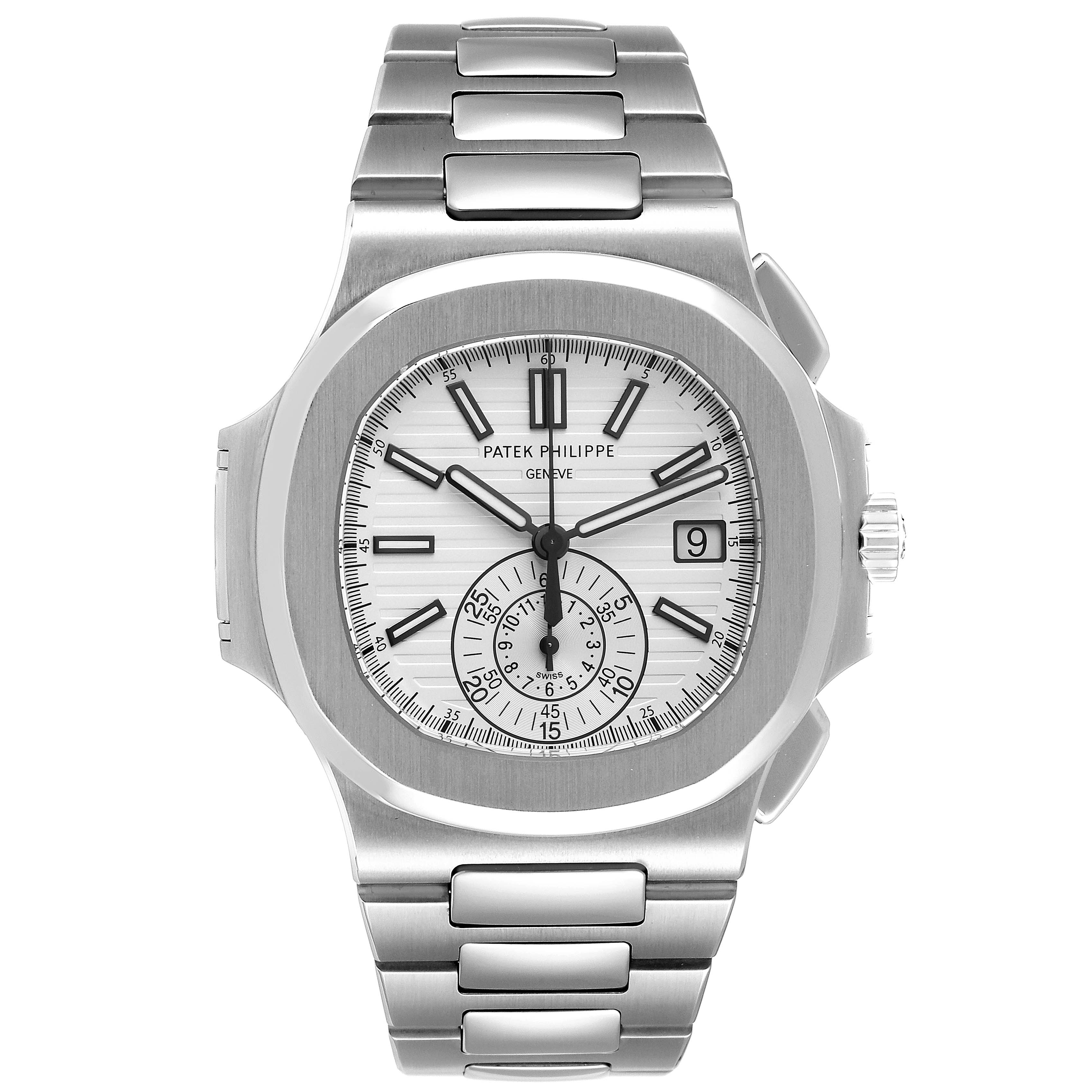 The image shows a front view of the Patek Philippe Nautilus 5980/1A Men's Stainless Steel White Dial 5980/1A Men's Stainless Steel White Dial watch, displaying the face, bracelet, and crown.