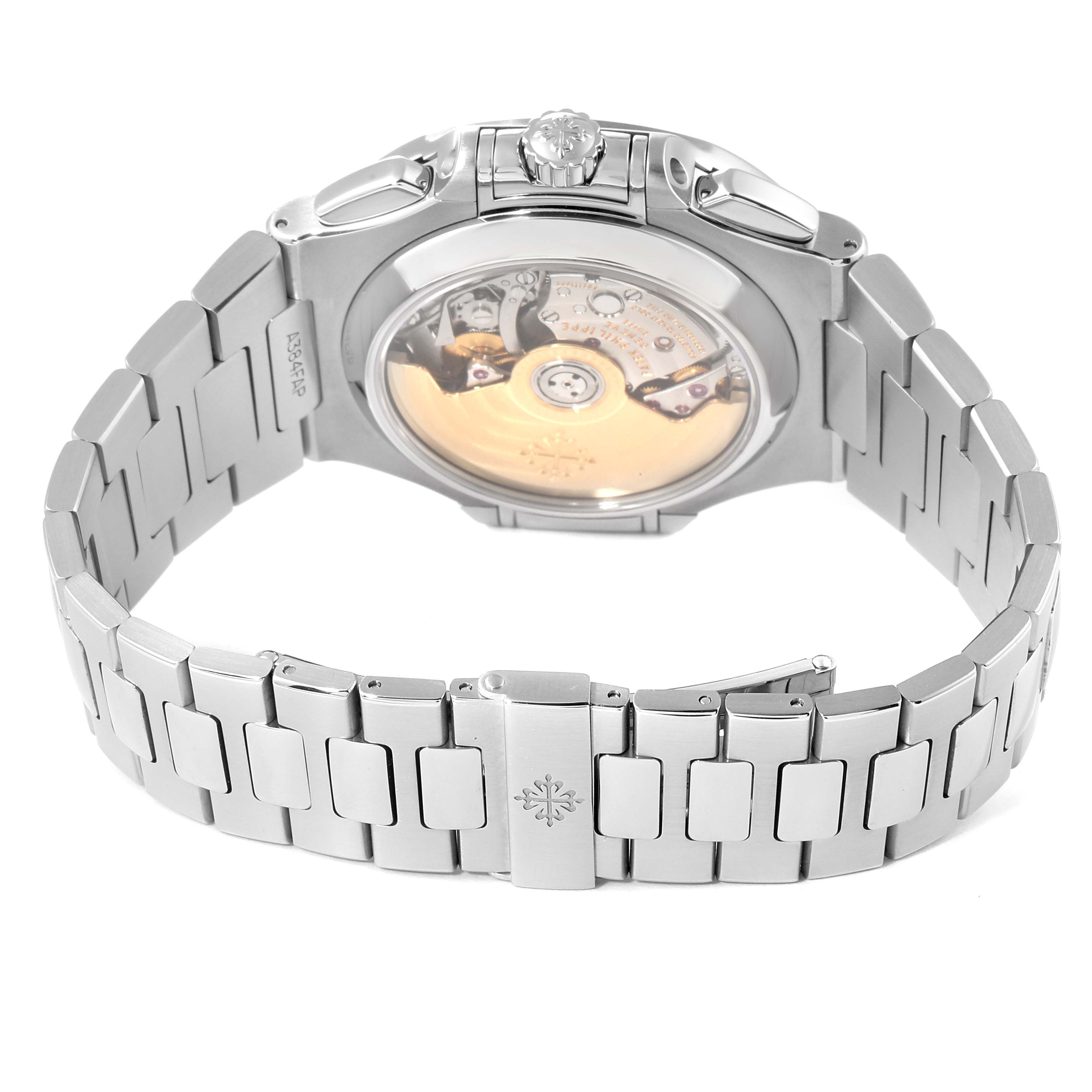 This image shows the back view of a Patek Philippe Nautilus 5980/1A Men's Stainless Steel White Dial 5980/1A Men's Stainless Steel White Dial watch, highlighting its open case back and metal bracelet.