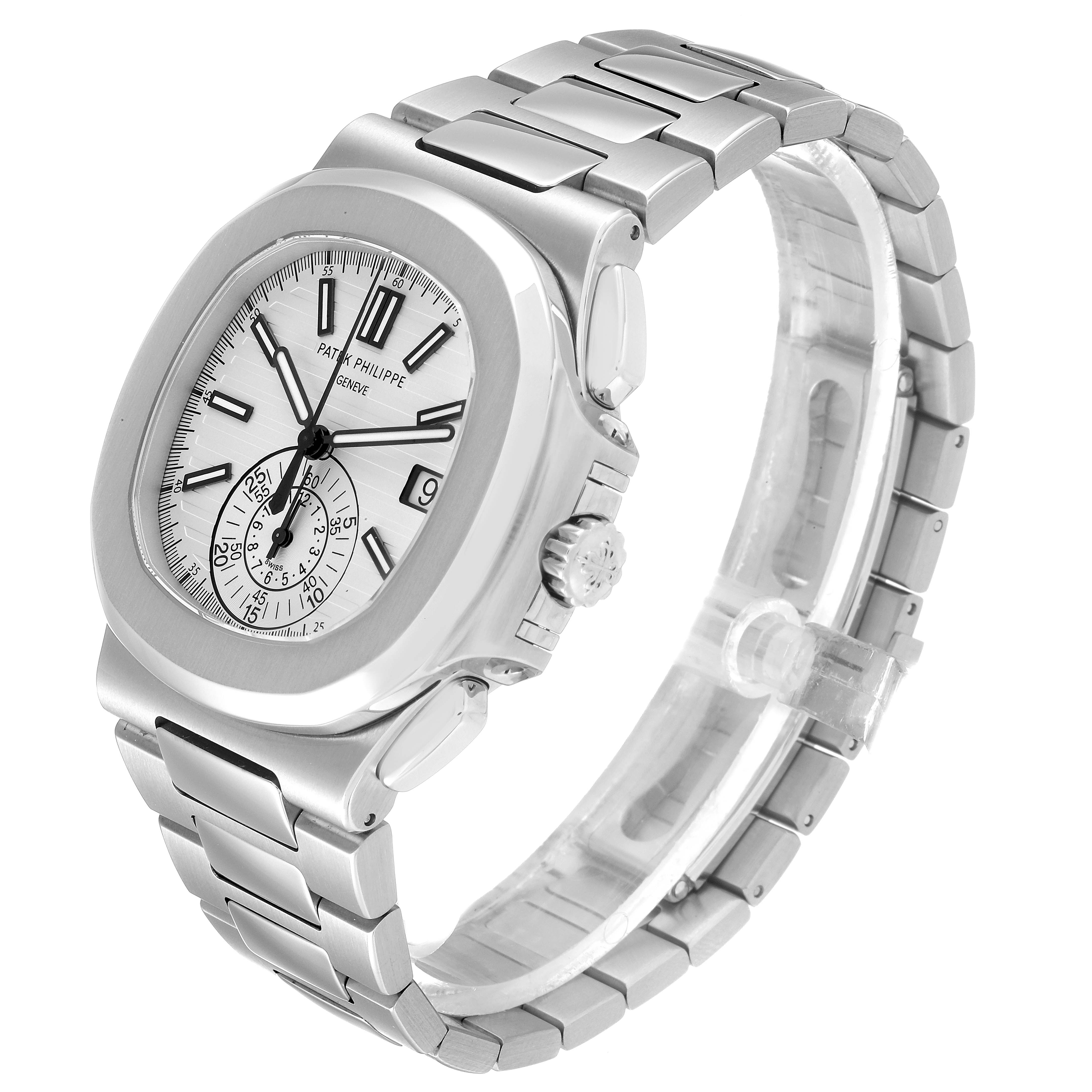 The image shows a side-angle view of a Patek Philippe Nautilus 5980/1A Men's Stainless Steel White Dial 5980/1A Men's Stainless Steel White Dial watch, highlighting the face, crown, and stainless steel bracelet.