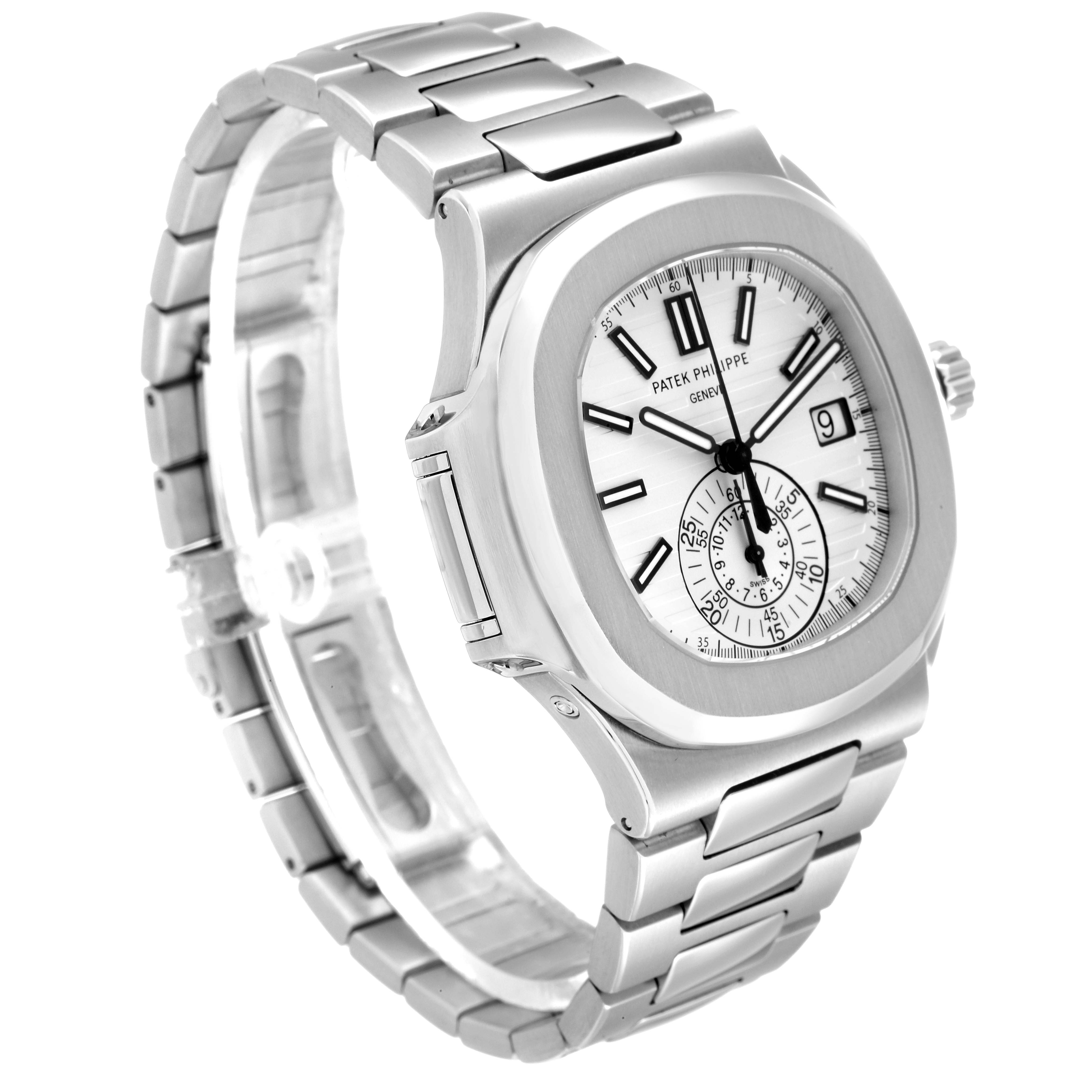 The image shows a side angle of a Patek Philippe Nautilus 5980/1A Men's Stainless Steel White Dial 5980/1A Men's Stainless Steel White Dial watch, highlighting its bracelet, case, and dial.