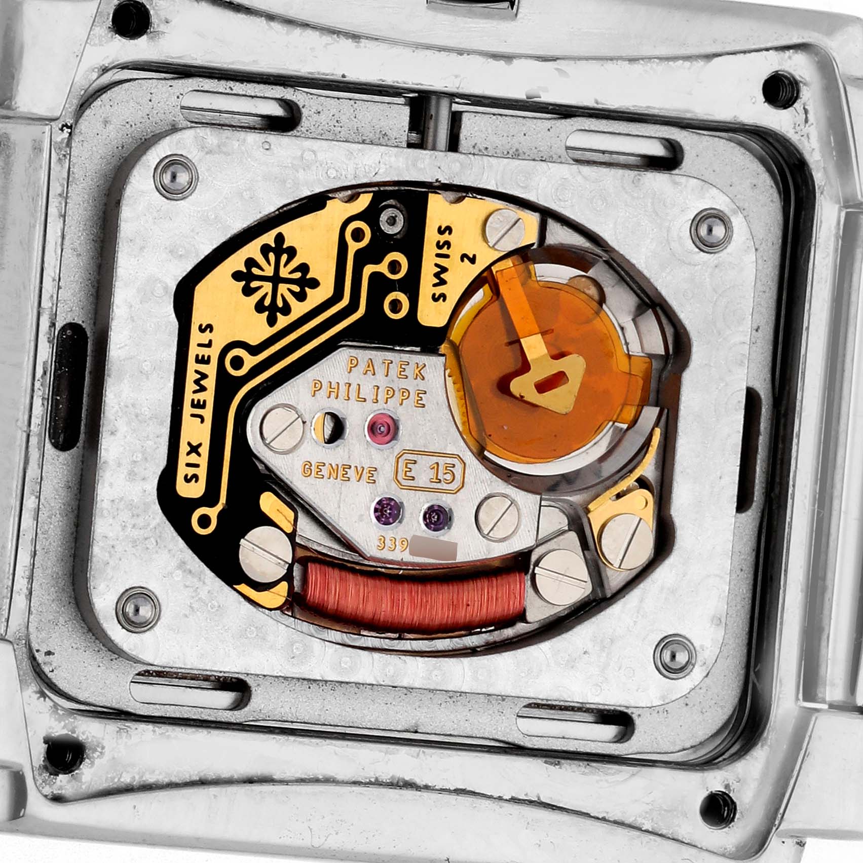 This is a close-up view of the movement mechanism inside the Patek Philippe Twenty-4 4910 Women's Stainless Steel Silver Dial 4910 Women's Stainless Steel Silver Dial model watch.