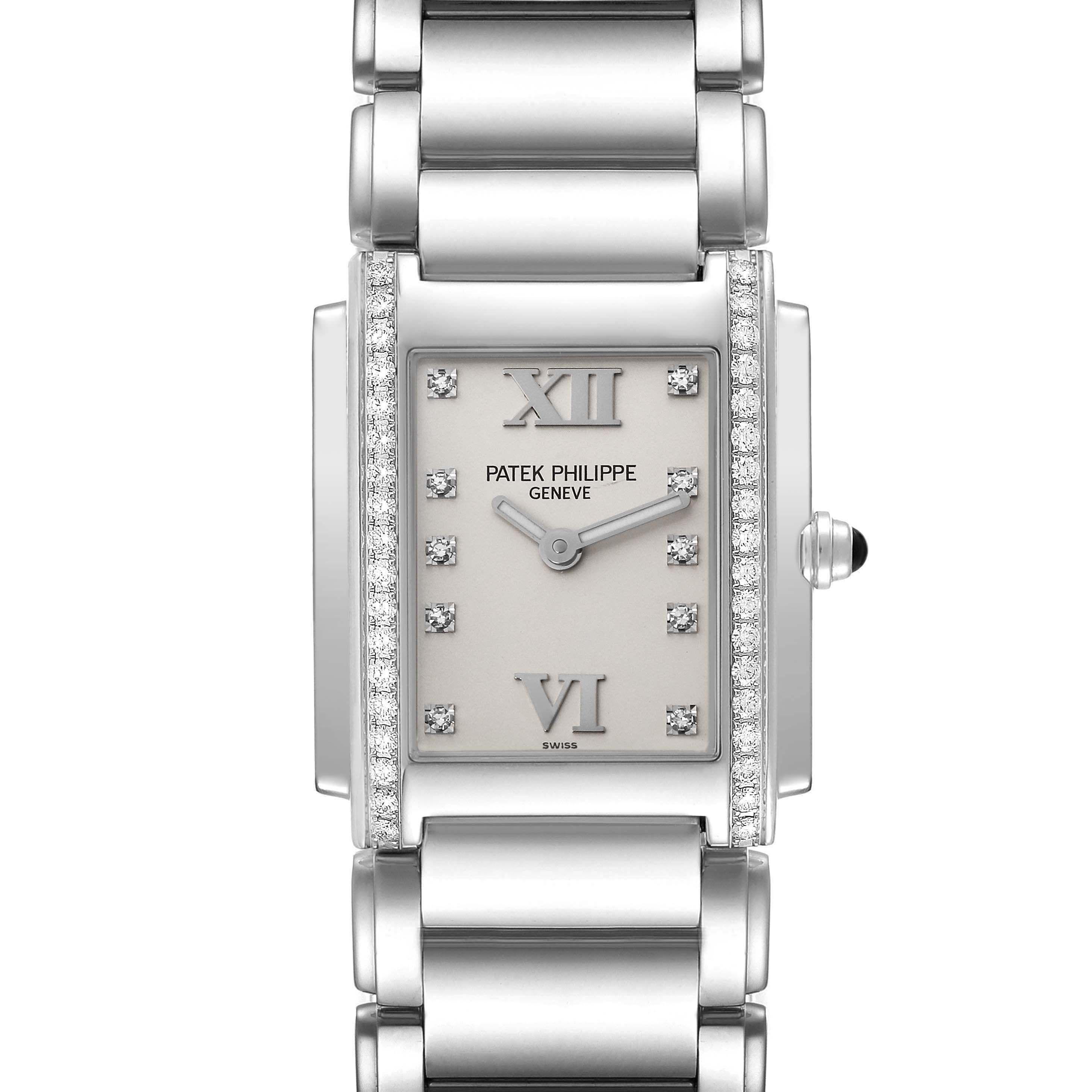The watch is a Patek Philippe Twenty-4 4910 Women's Stainless Steel Silver Dial 4910 Women's Stainless Steel Silver Dial, shown from a front angle highlighting the face, bezel, and bracelet.