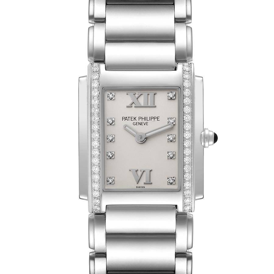 The watch is a Patek Philippe Twenty-4, shown from a front angle highlighting the face, bezel, and bracelet.