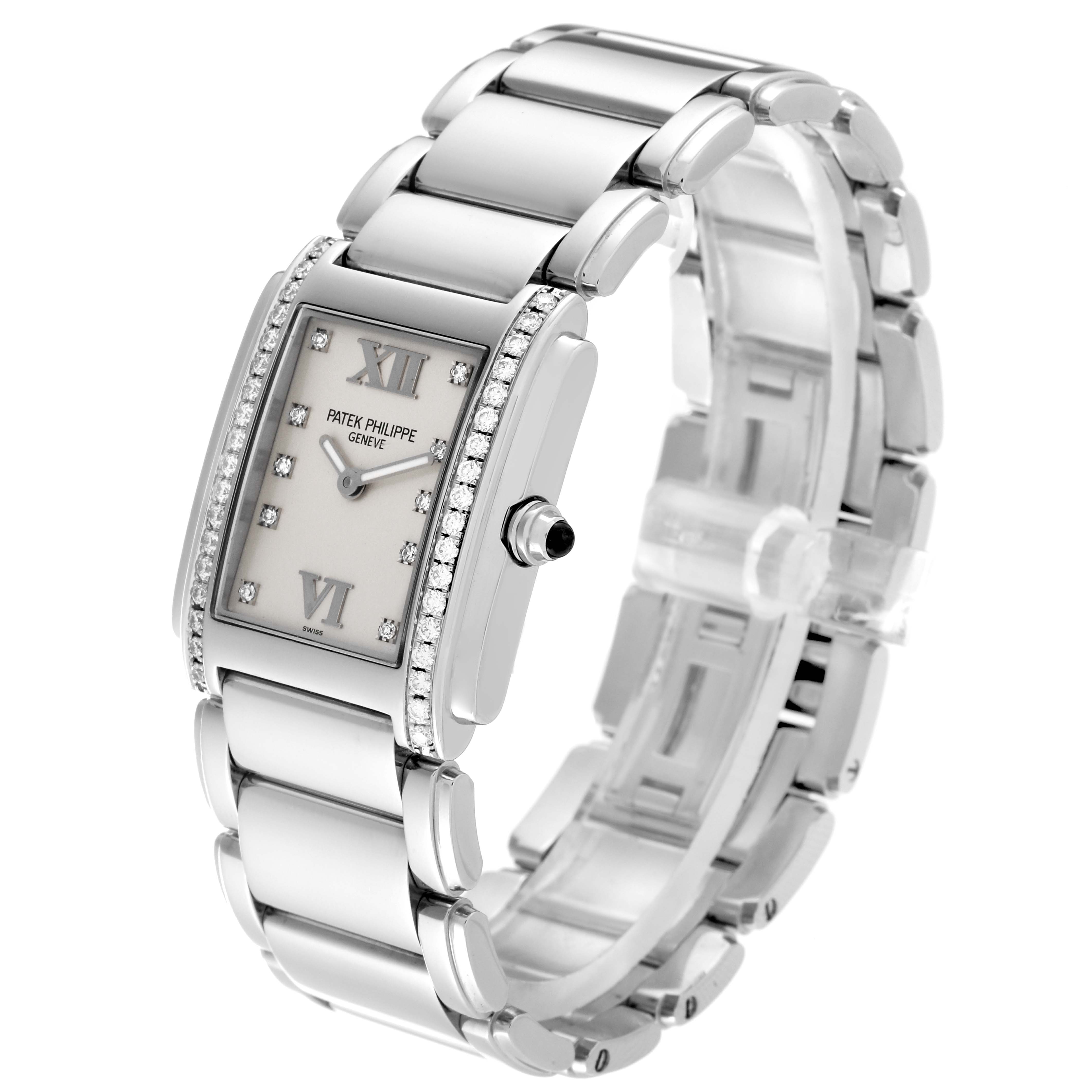 The image shows a Patek Philippe Twenty-4 4910 Women's Stainless Steel Silver Dial 4910 Women's Stainless Steel Silver Dial watch at a three-quarter angle, highlighting the face, side profile, and bracelet.