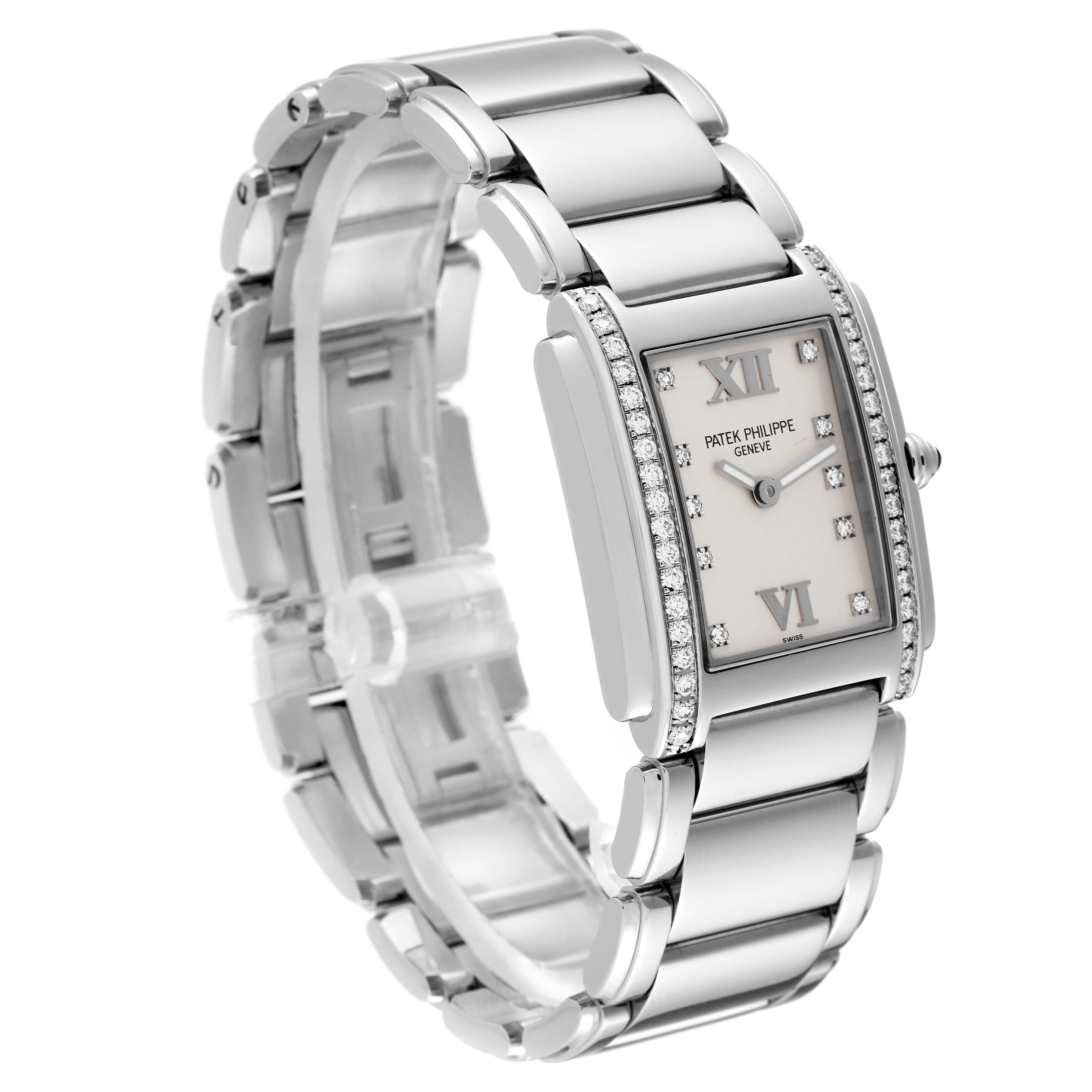 The image shows a Patek Philippe Twenty-4 4910 Women's Stainless Steel Silver Dial 4910 Women's Stainless Steel Silver Dial watch at a slight angle, displaying its rectangular face, diamond accents, and metal bracelet.