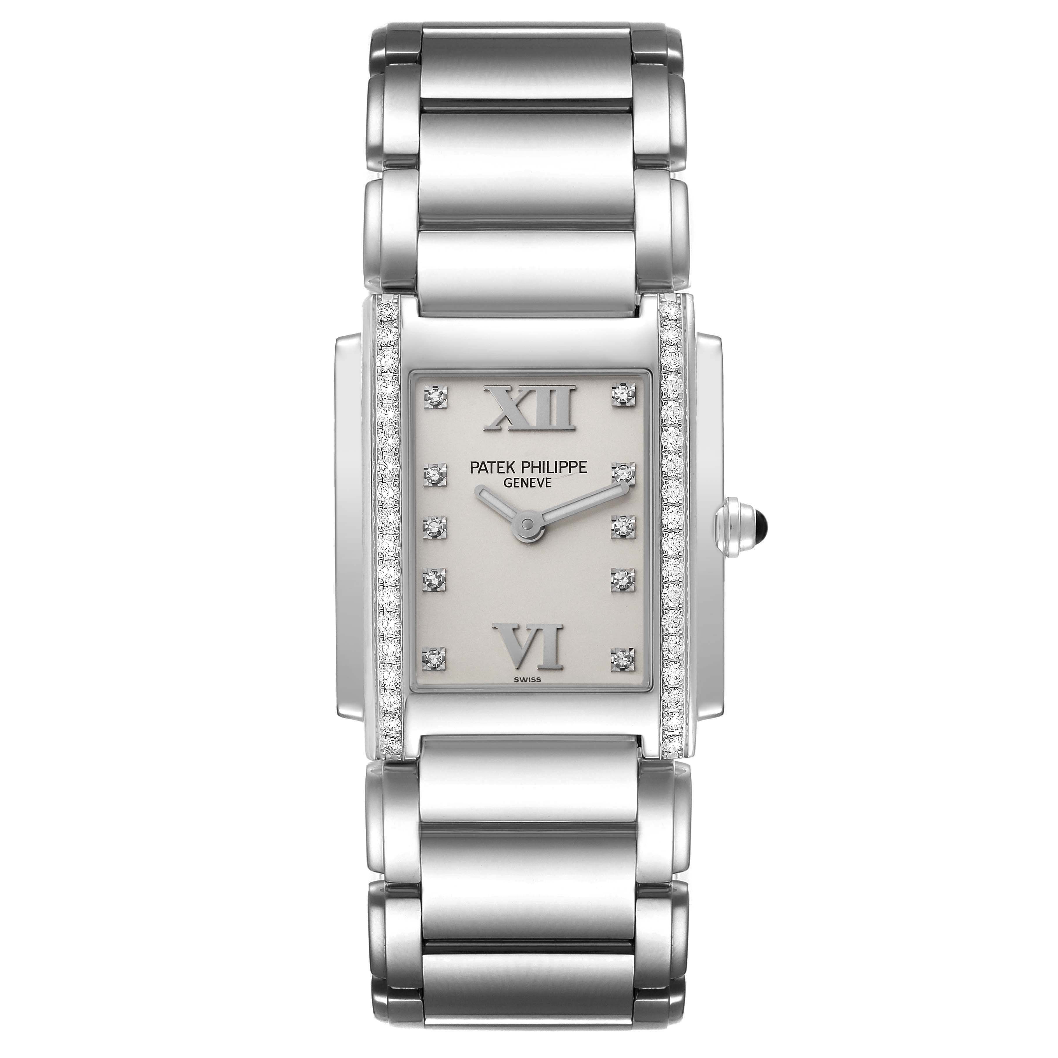 The image shows a frontal view of the Patek Philippe Twenty-4 4910 Women's Stainless Steel Silver Dial 4910 Women's Stainless Steel Silver Dial watch, highlighting the dial, bezel, and bracelet.