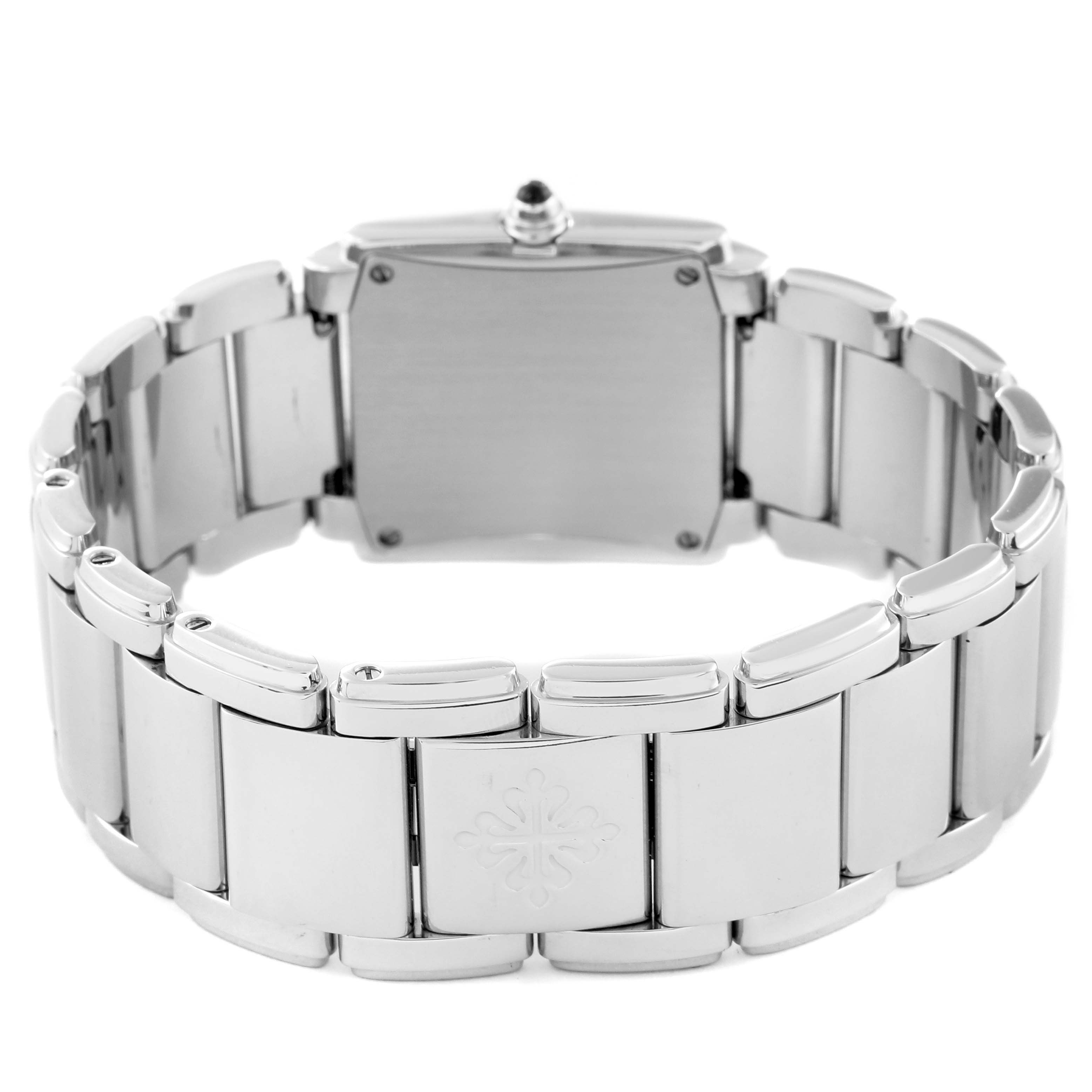 This image shows the back view of a Patek Philippe Twenty-4 4910 Women's Stainless Steel Silver Dial 4910 Women's Stainless Steel Silver Dial watch, focusing on the bracelet and case back.