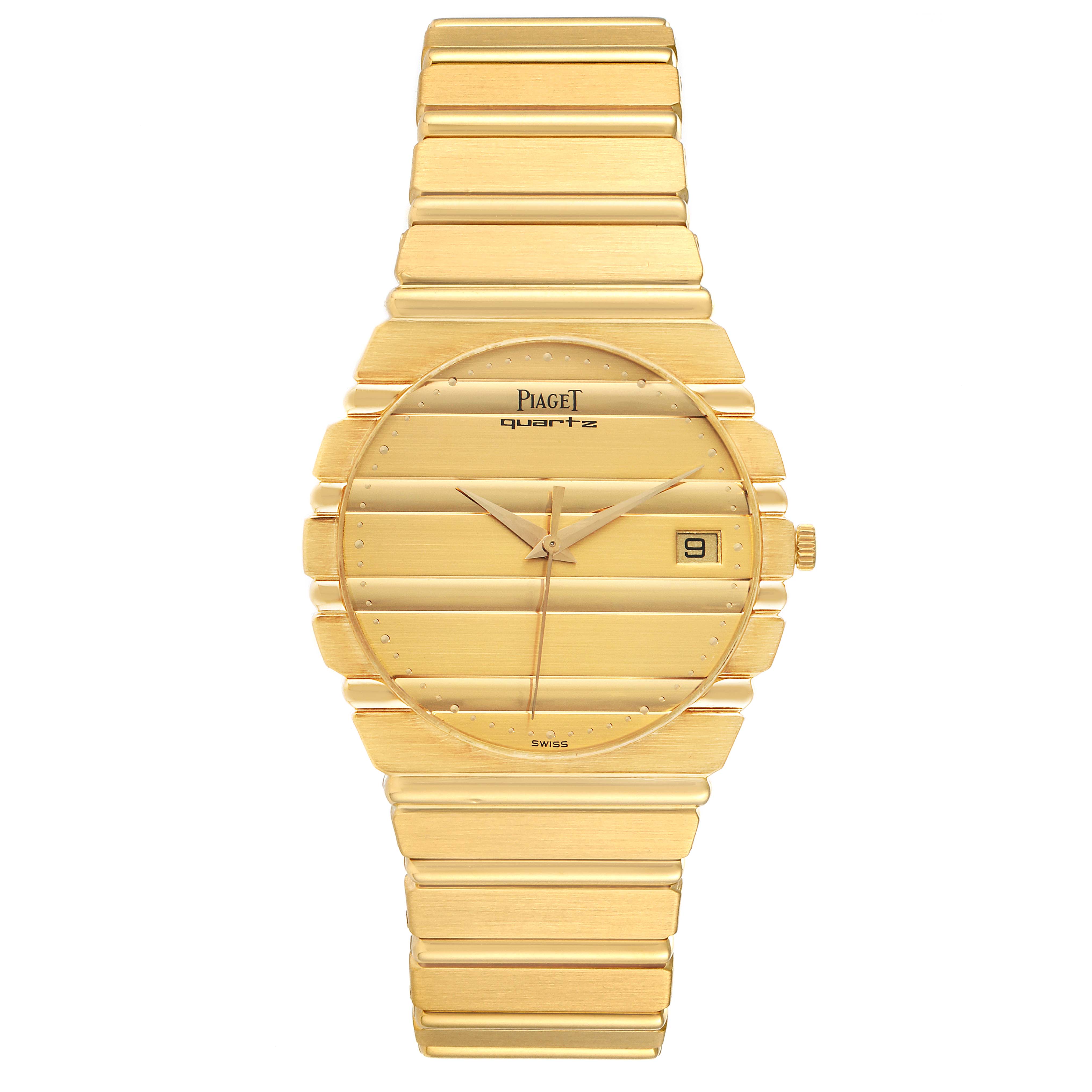 The image shows a Piaget 15661C701 Men's Yellow Gold Champagne Dial 15661C701 Men's Yellow Gold Champagne Dial Polo 18K Yellow Gold Champagne Dial Mens Watch (Model 15561) from a front angle, displaying the dial and bracelet.