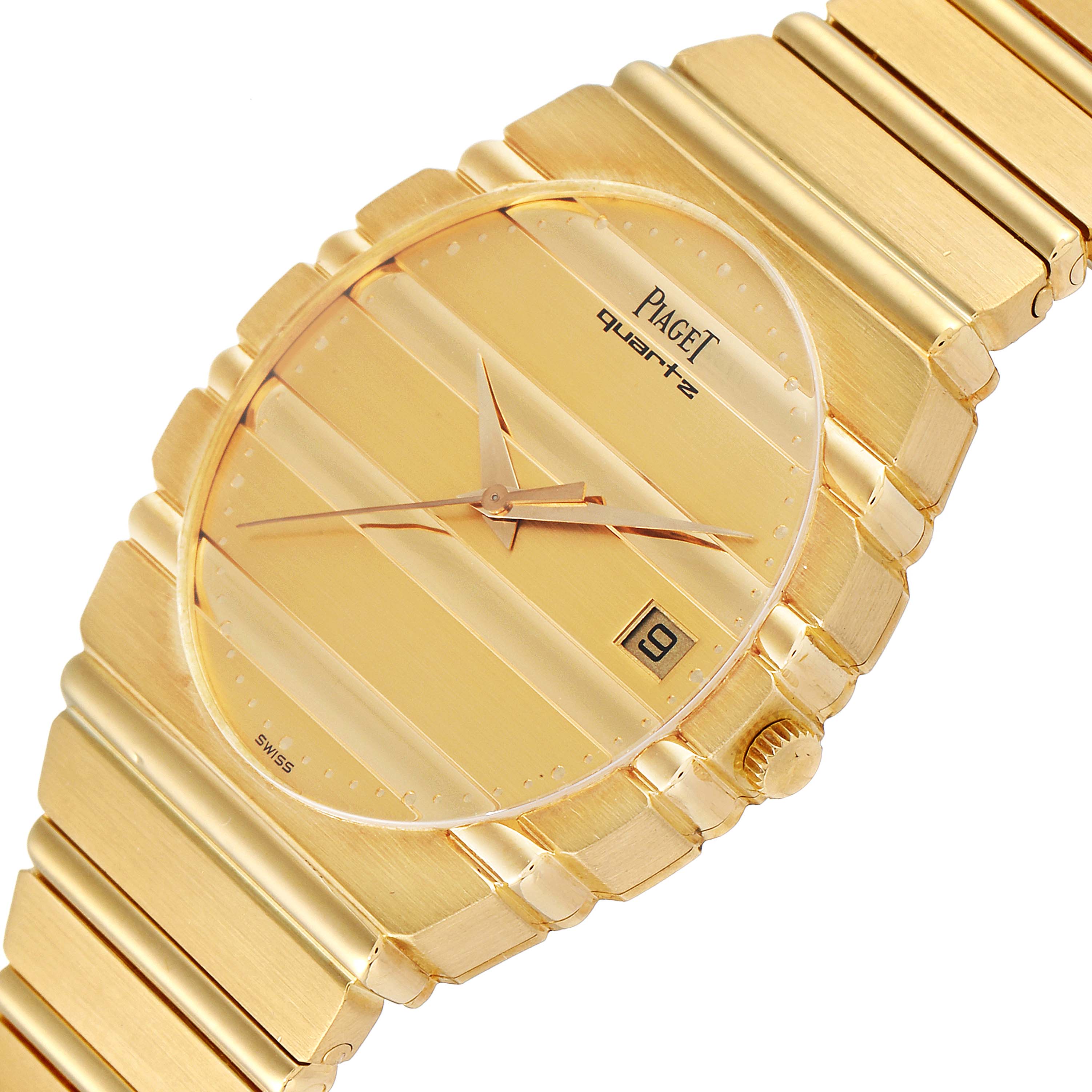 The Piaget 15661C701 Men's Yellow Gold Champagne Dial 15661C701 Men's Yellow Gold Champagne Dial Polo 18K Yellow Gold Champagne Dial 15561 model is shown from an angled side view, highlighting the dial, bracelet, and crown.