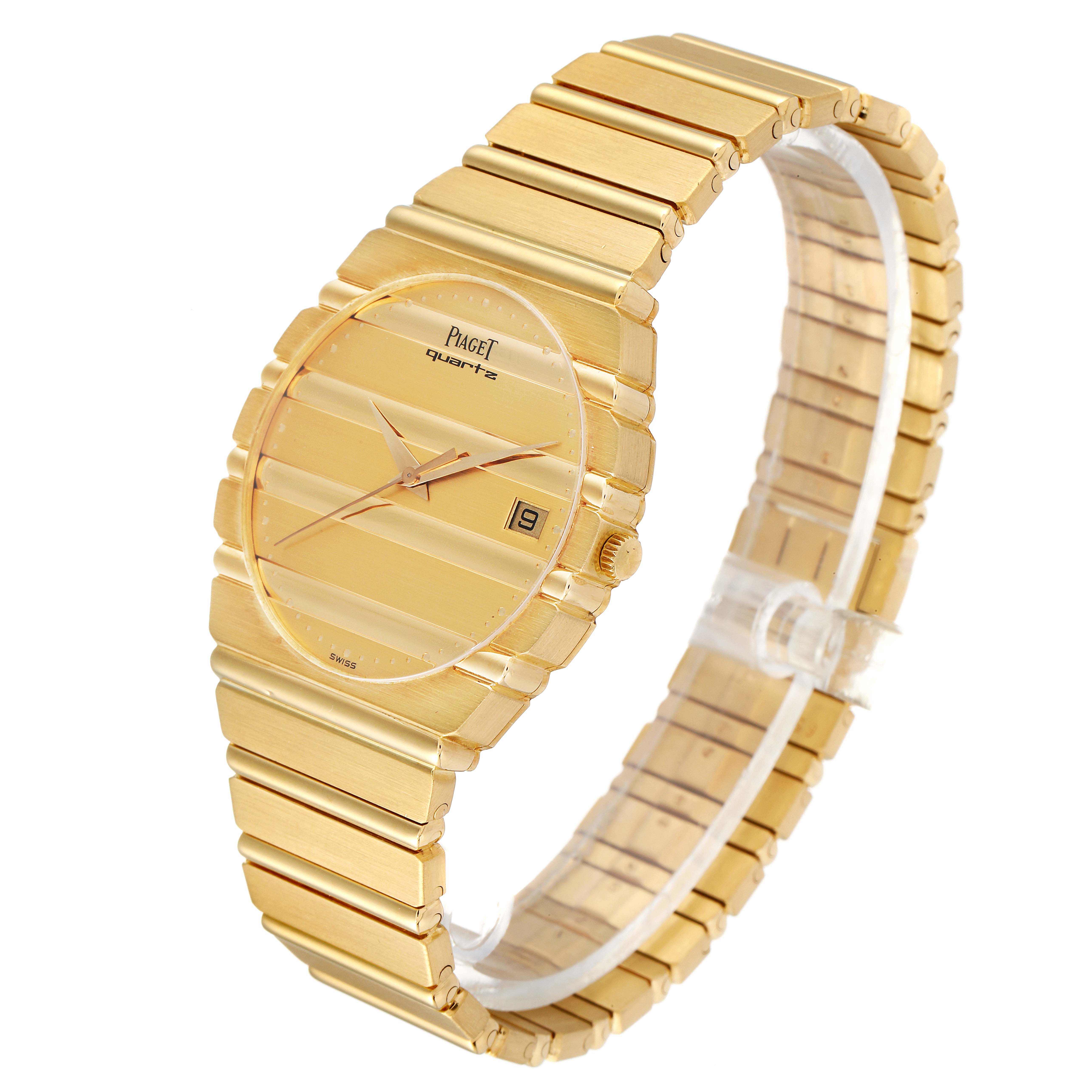 The image shows a side angle view of the Piaget 15661C701 Men's Yellow Gold Champagne Dial 15661C701 Men's Yellow Gold Champagne Dial Polo 18K Yellow Gold Champagne Dial Men's Watch 15561, highlighting the dial, hands, bezel, and band.
