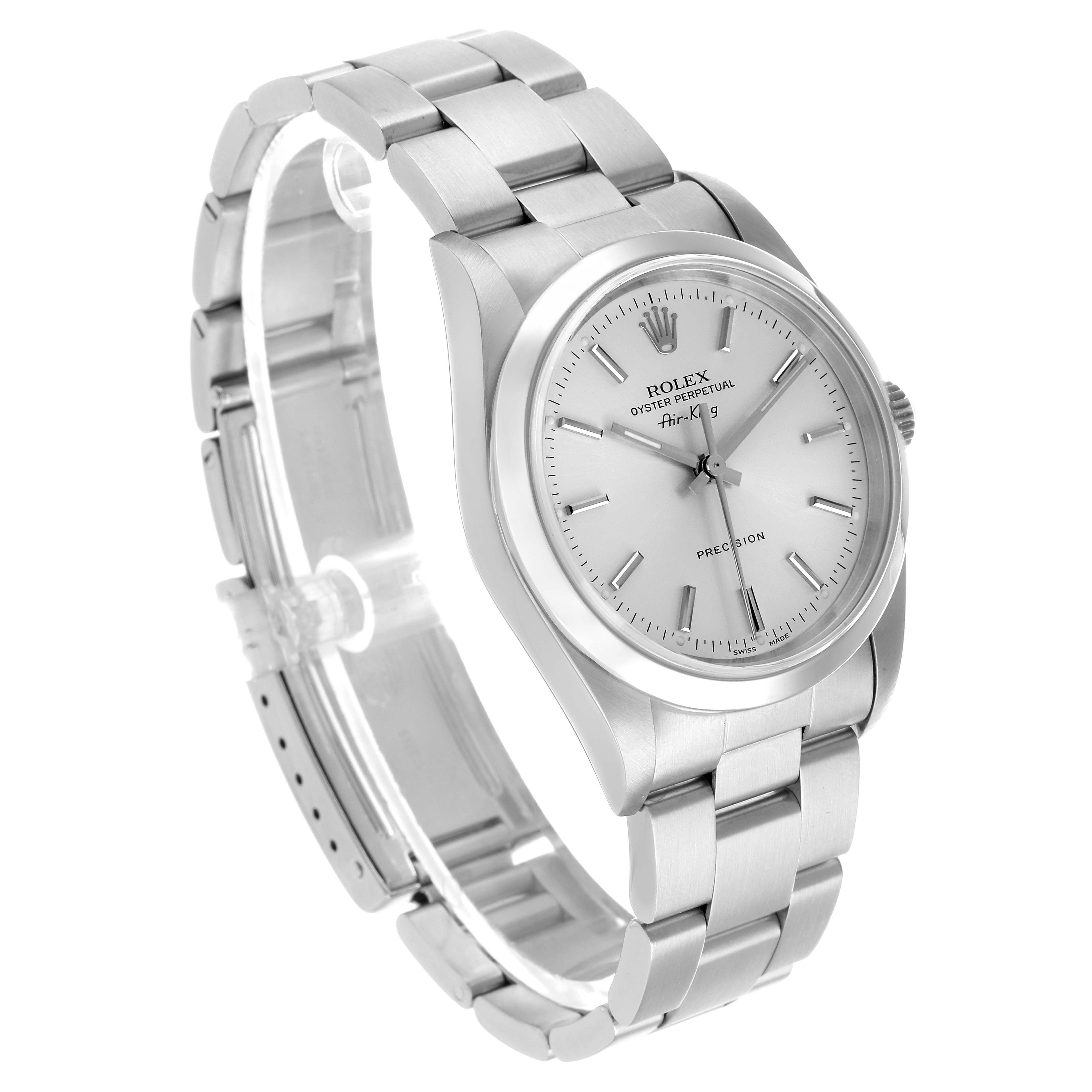 The image shows the Rolex Air-King 14000 Men's Stainless Steel Silver Dial watch from a three-quarter angle, highlighting the case, dial, and metal bracelet.