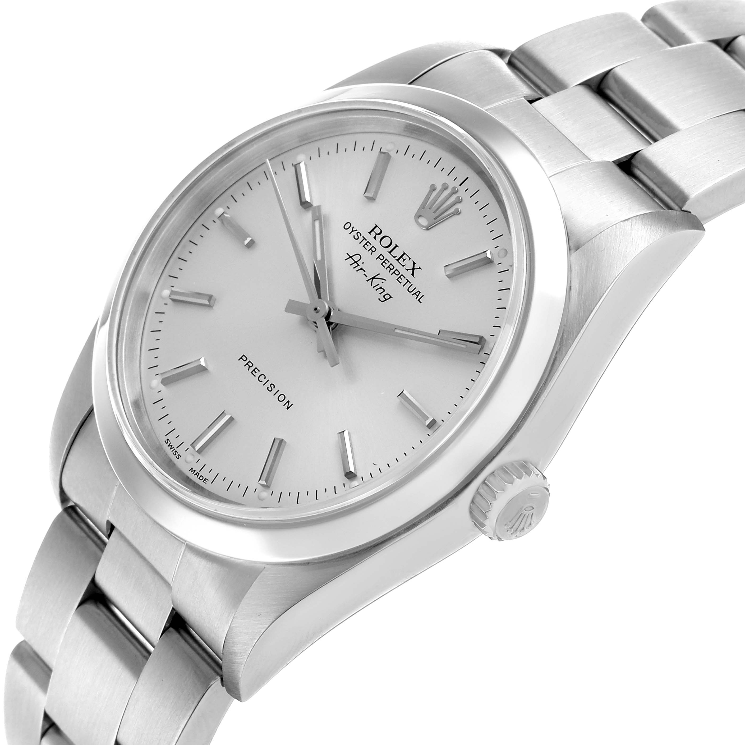 The image shows a Rolex Air-King 14000 Men's Stainless Steel Silver Dial watch at an angle highlighting the dial, bezel, crown, and part of the bracelet.