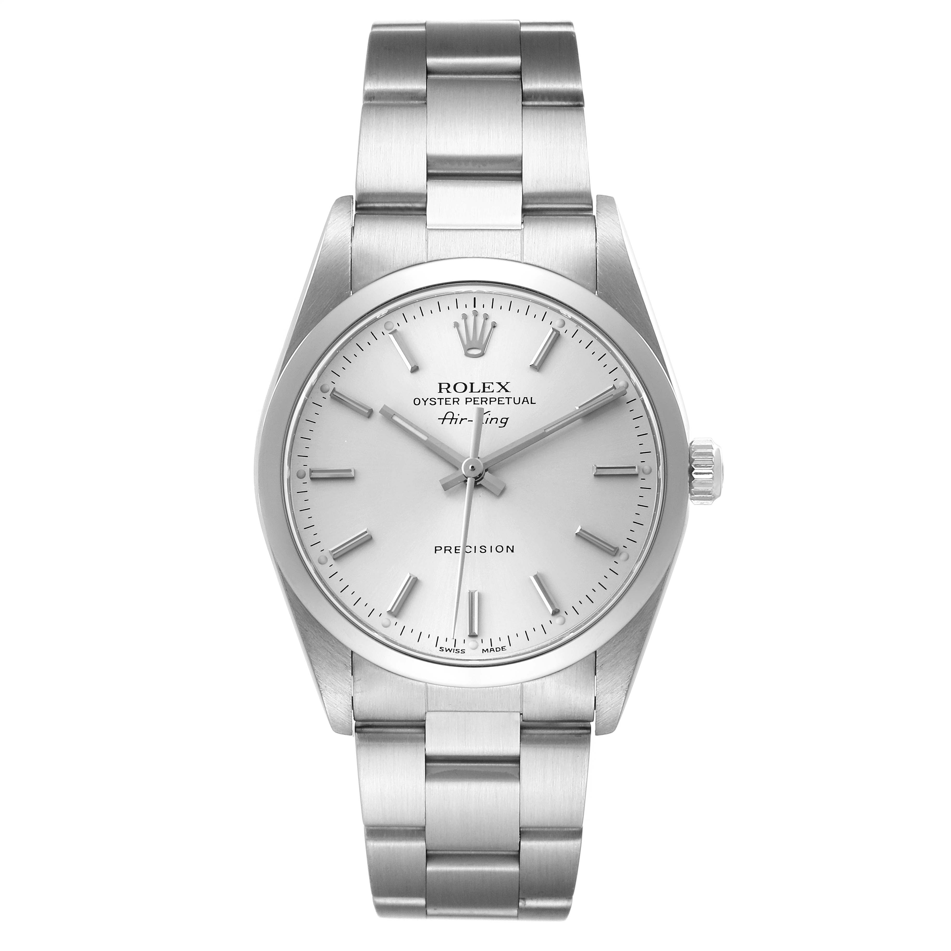 The Rolex Air-King 14000 Men's Stainless Steel Silver Dial watch is shown from a top-down angle, highlighting its face, bezel, and bracelet.