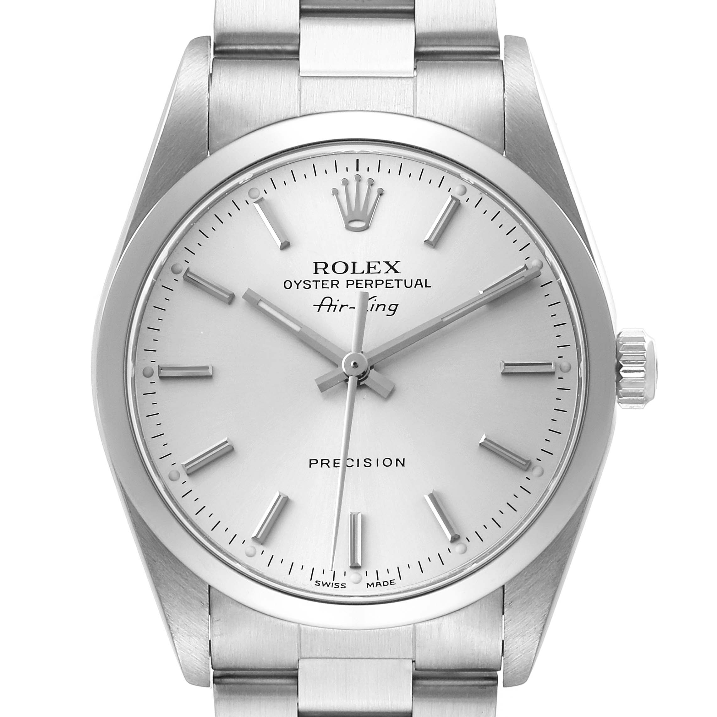 The Rolex Air-King 14000 Men's Stainless Steel Silver Dial watch is shown from a frontal angle, highlighting the face, crown, and part of the bracelet.