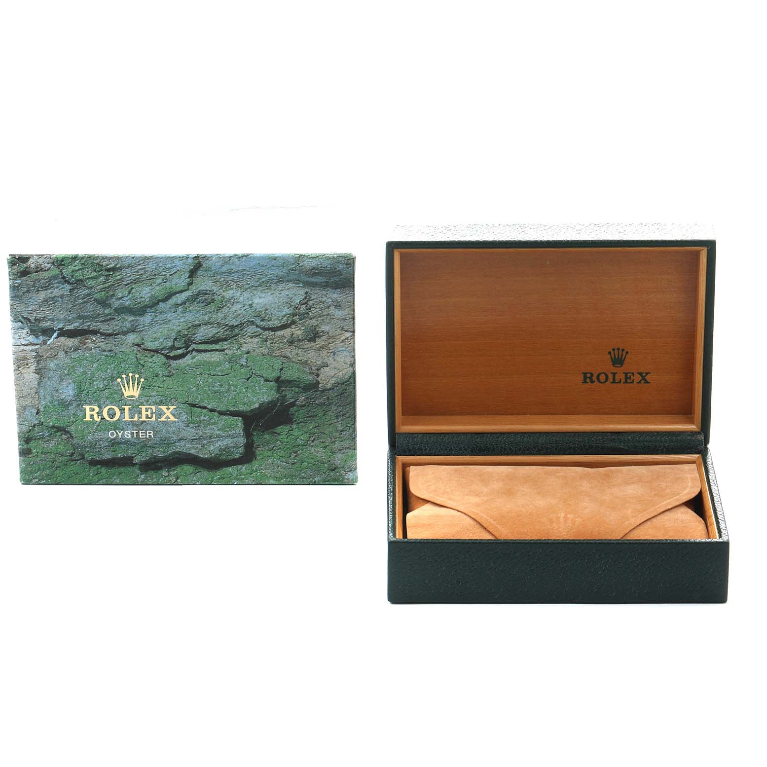 The image shows the packaging for a Rolex Air-King 14000 Men's Stainless Steel Silver Dial, including an outer and inner box with a suede pouch.
